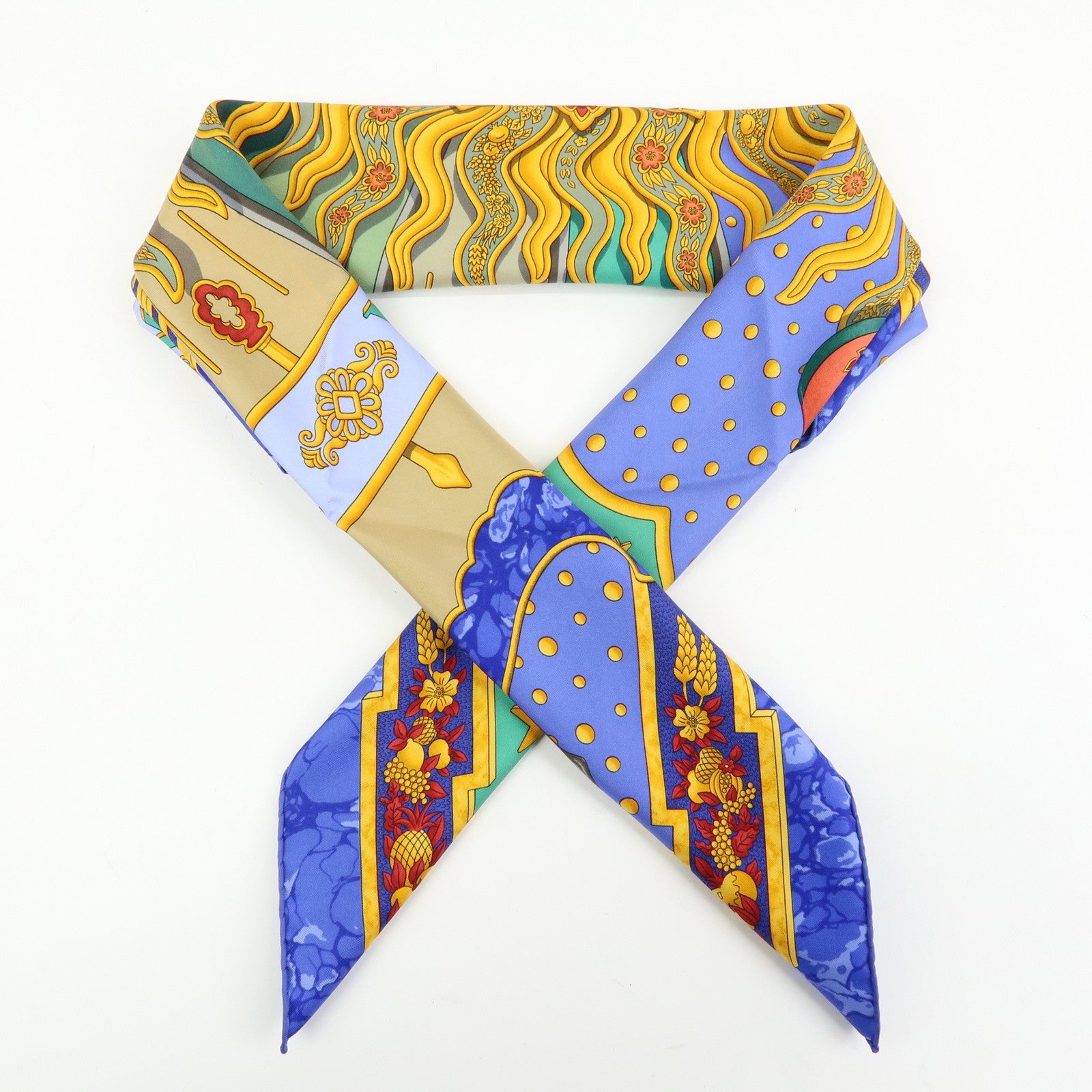 HERMES Carre 90 Silk 100% Scarf CARPE DIEM Blue Gold