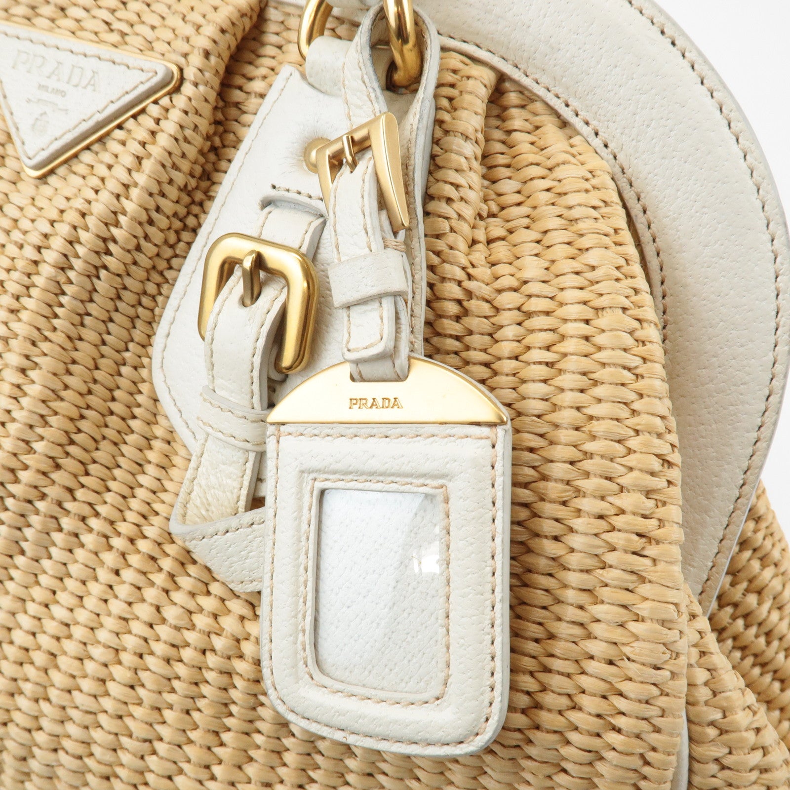 PRADA Triangle Leather Raffia Shoulder Bag Straw Bag Beige BR3693 Used