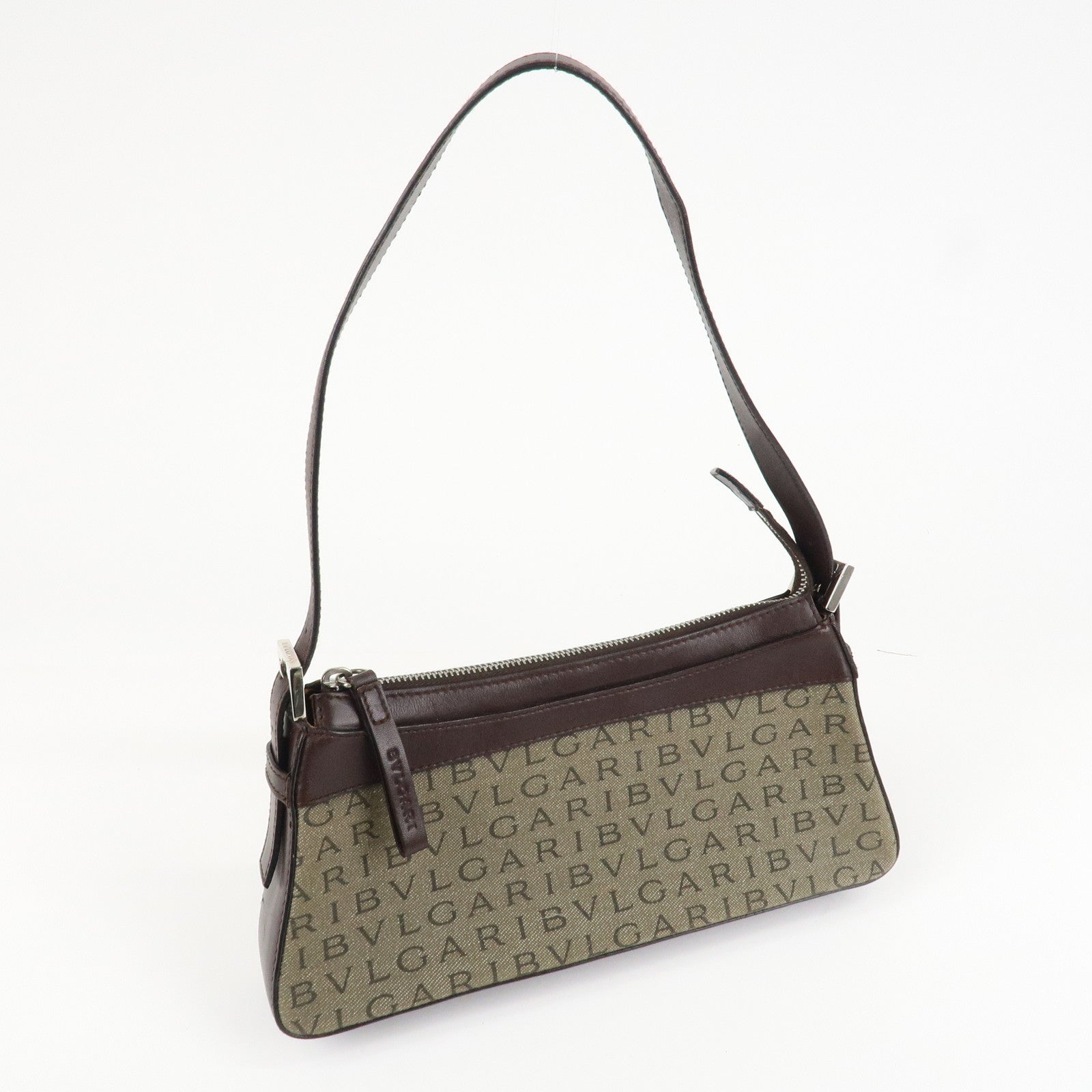 BVLGARI Logo Mania Canvas Leather Shoulder Bag khaki Dark Brown Used