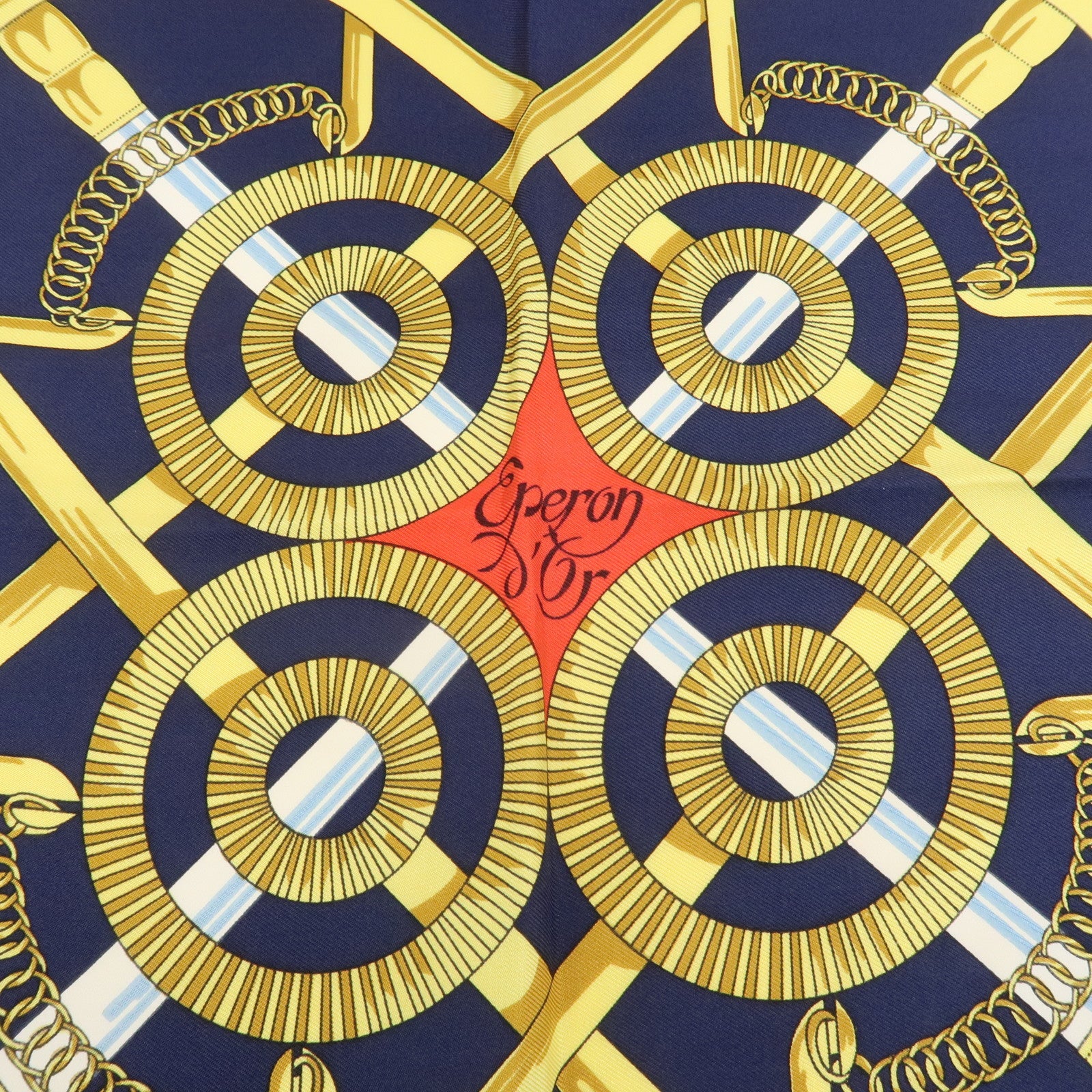 HERMES Carre 90 Silk 100% Scarf Eperon d'or White Navy