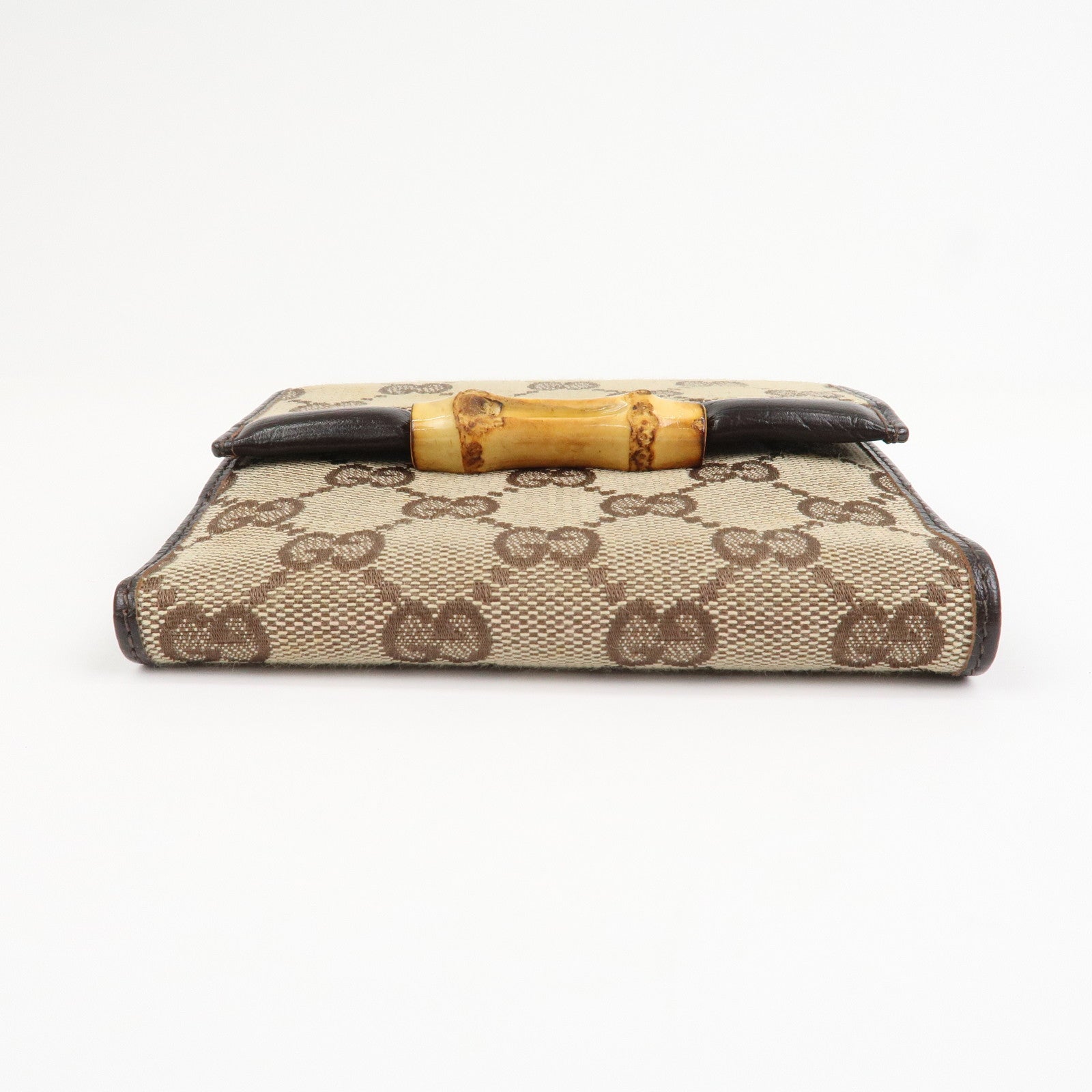 GUCCI Bamboo GG Canvas Leather W Hook Compact Wallet Beige 112521