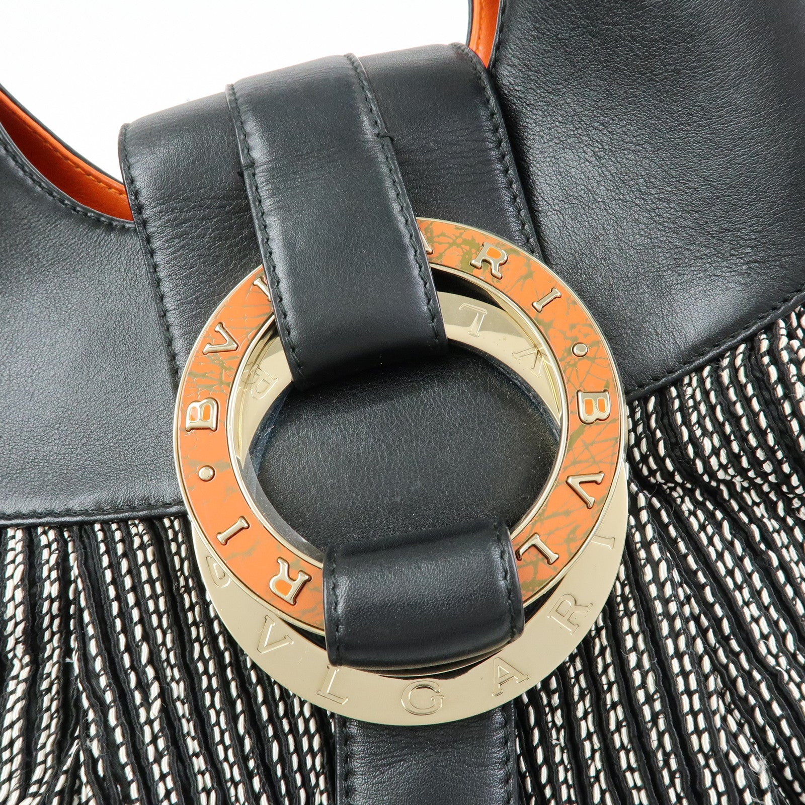 BVLGARI Chandra Leather Canvas Hand Bag Tote Bag Black Orange