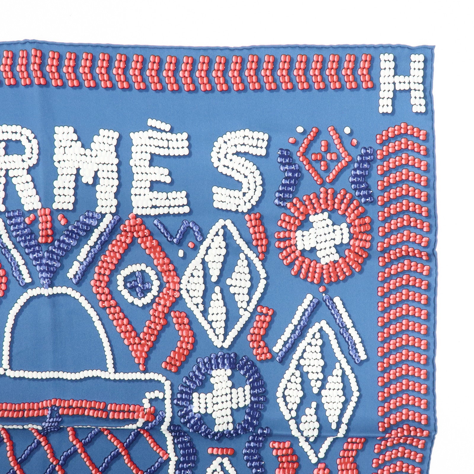 HERMES Carre 65 Silk 100% Scarf KELLY EN PERLES Pearl Print Blue