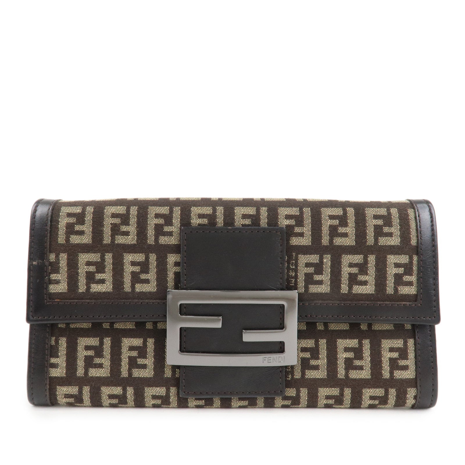 FENDI Zucchino Canvas Leather Bi-Fold Long Wallet Dark Brown 8M0021 Used