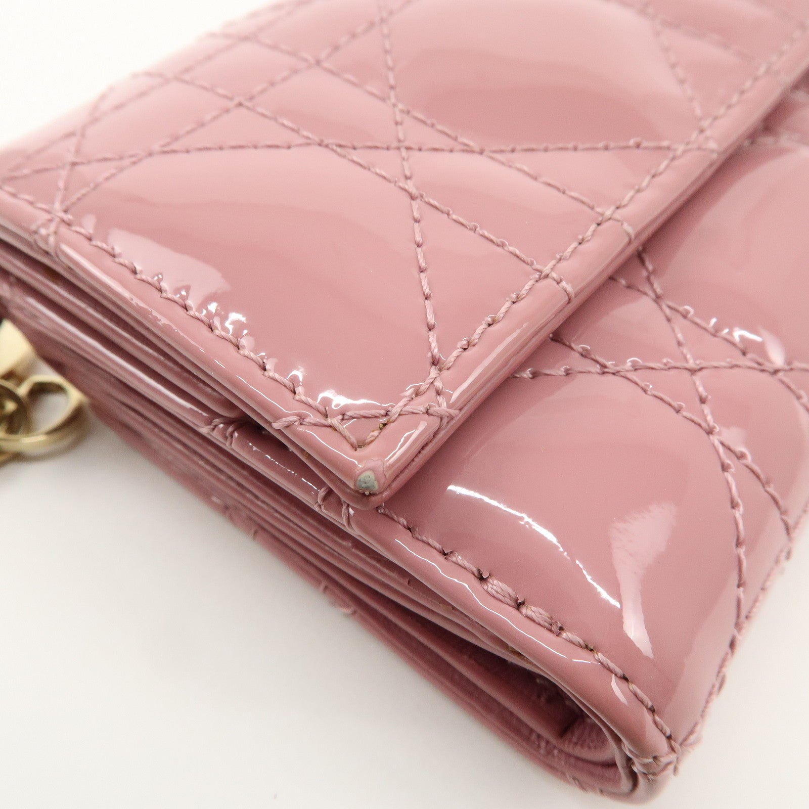 Christian Dior Lady Dior Cannage Patent Leather Tri-fold Wallet Pink Used