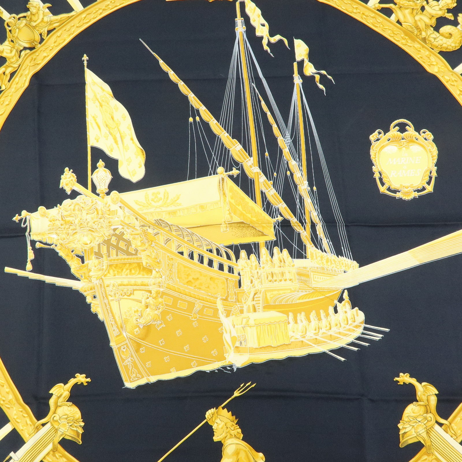 HERMES Carre 90 Silk 100% Scarf la MARINE a RAMES Black Yellow