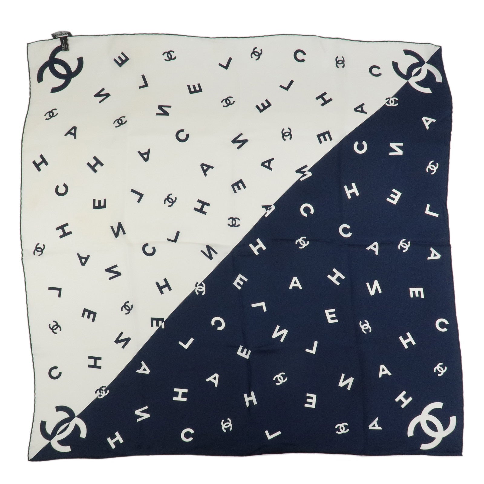CHANEL COCO Mark Silk 100% Scarf White Navy