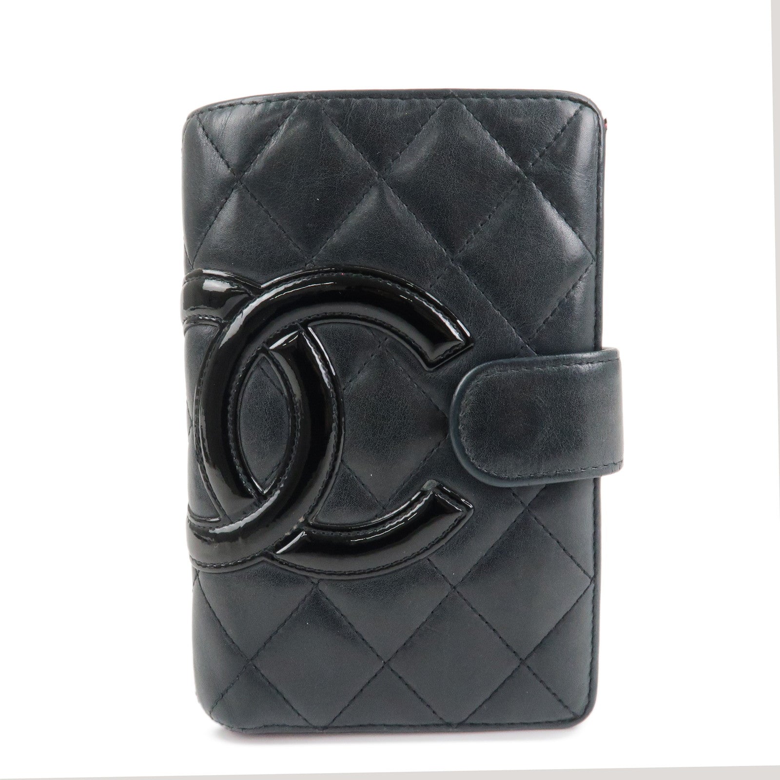 CHANEL Cambon Line COCO Mark Bifold Wallet Black Pink A50080 Used