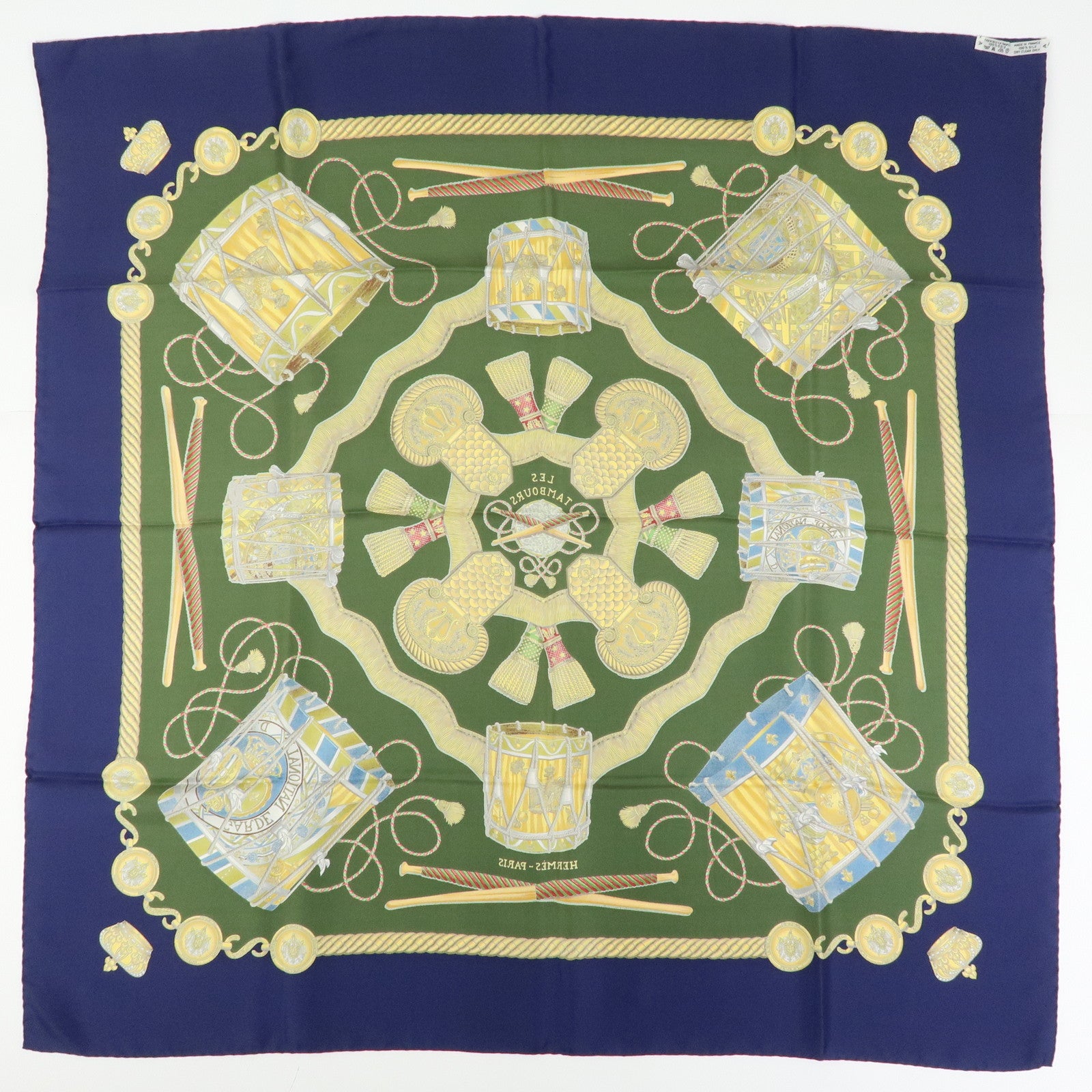 HERMES Carre 90 Silk 100% Scarf LES TAMBOURS Khaki Navy Gold