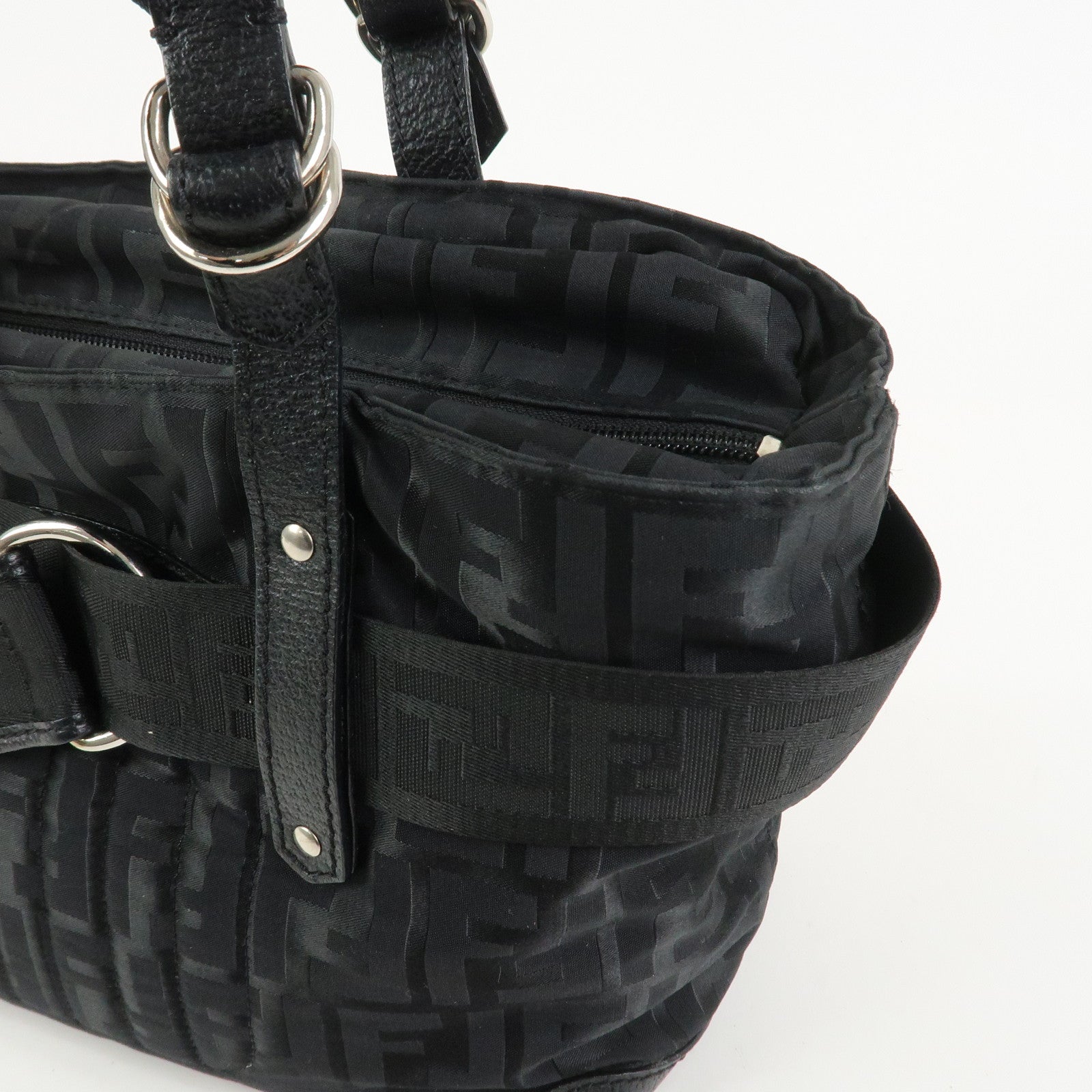 FENDI Zucca Nylon Leather Shoulder Bag Hand Bag Black 8BH143