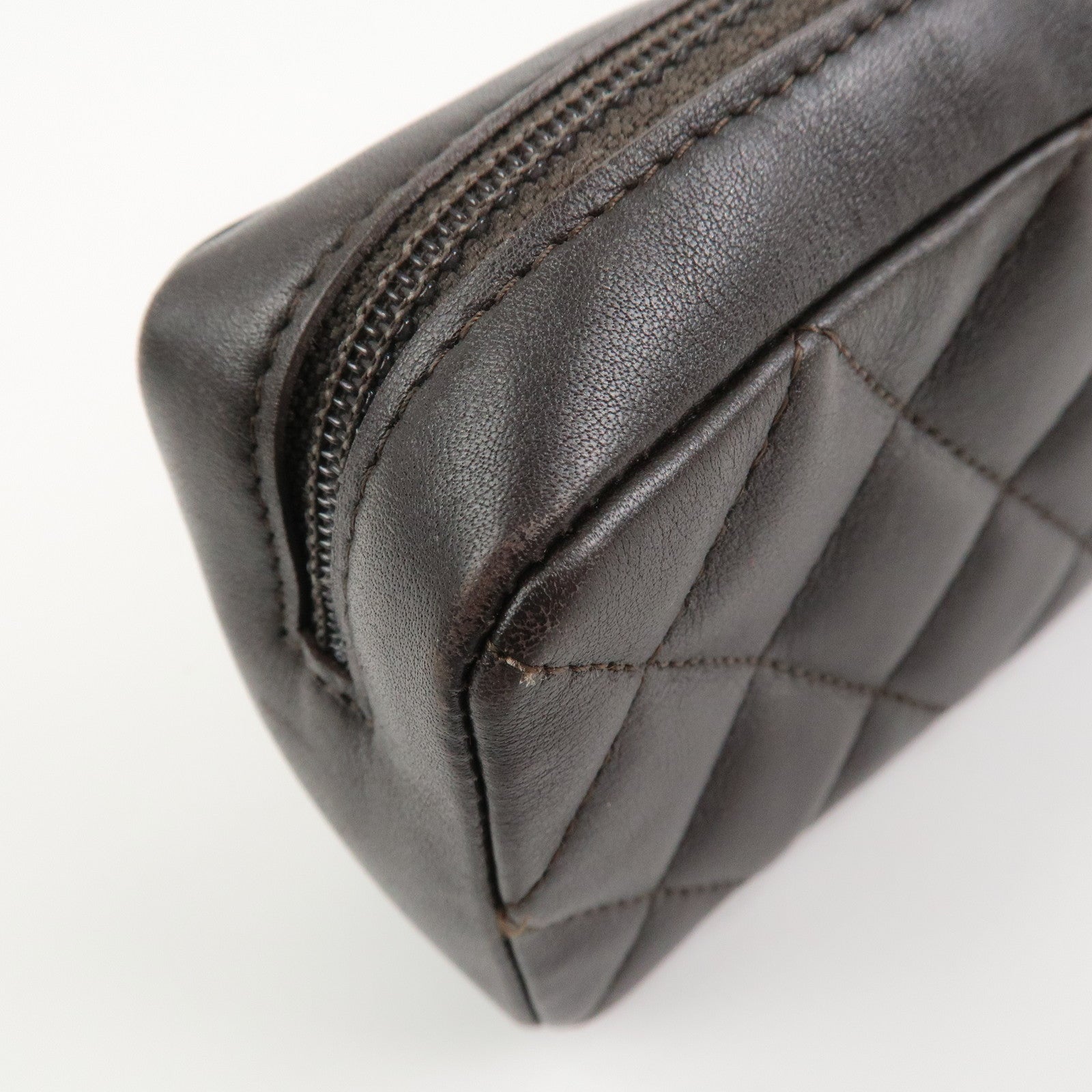 CHANEL Cambon Line COCO Mark Lambskin Cosmetic Pouch Brown