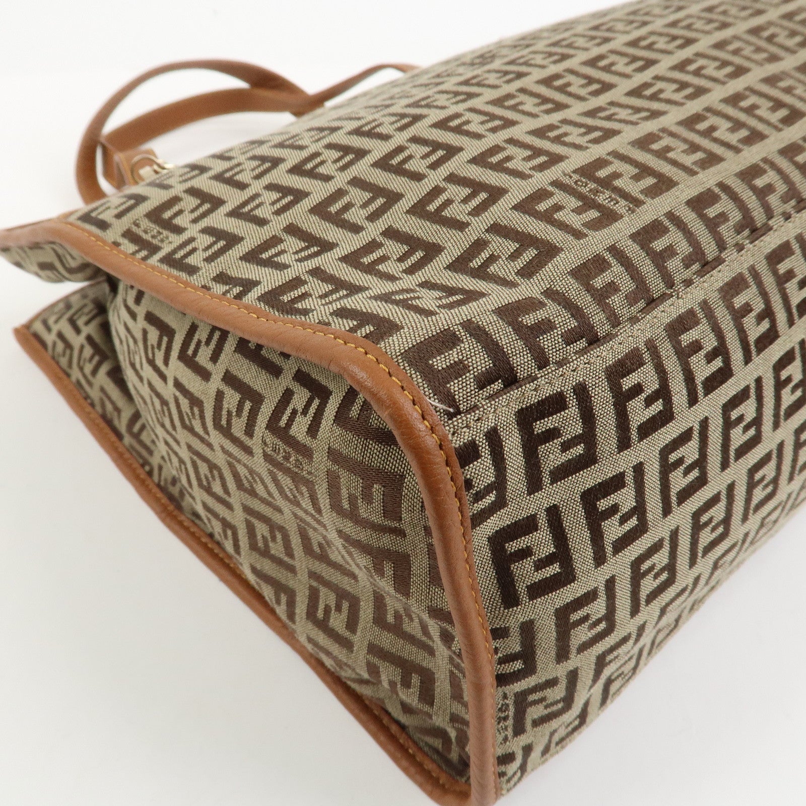 FENDI Zuccino Canvas Leather Tote Bag Hand Bag Brown 8BH153