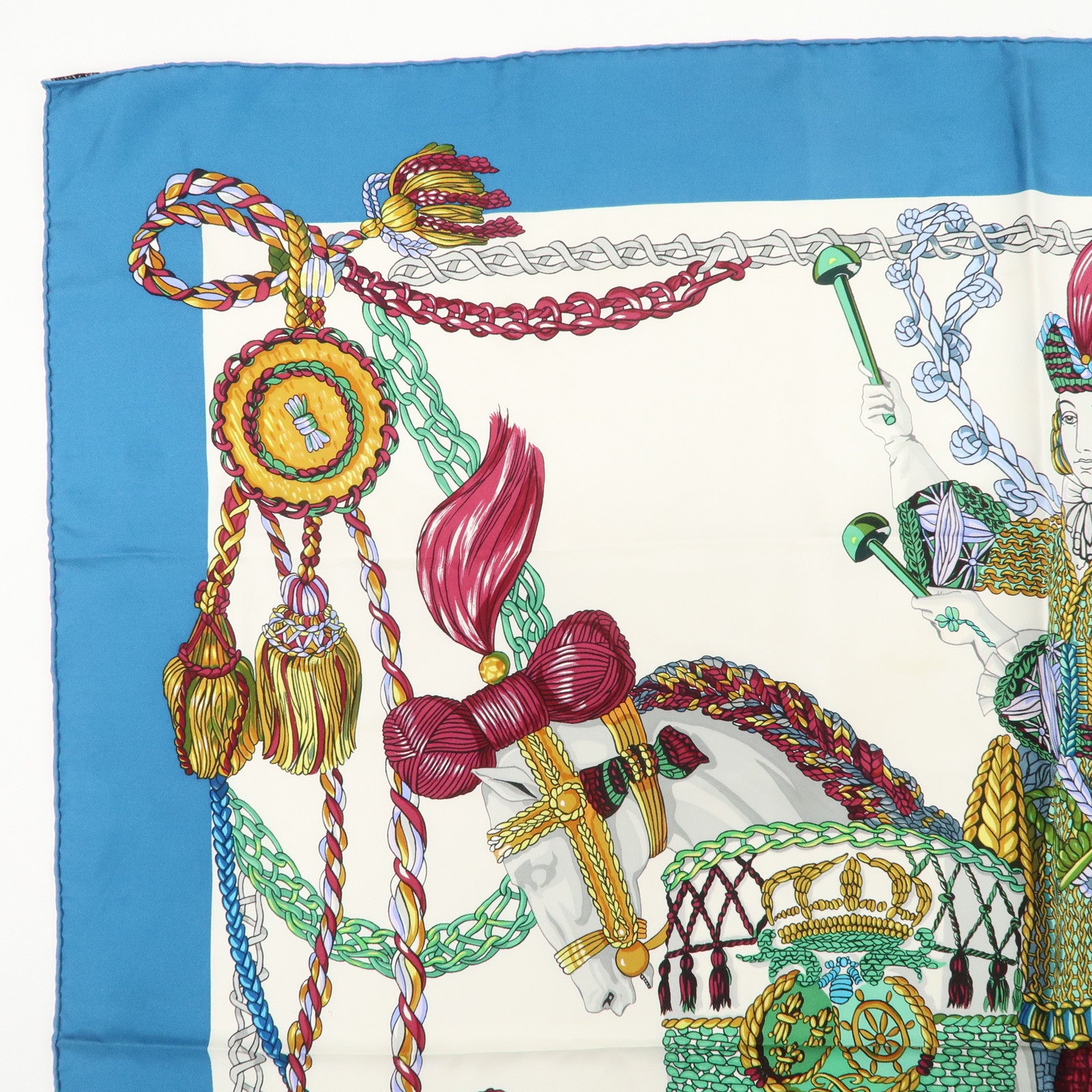 HERMES Carre 90 Silk 100% Scarf Le Timbalier Blue Gold