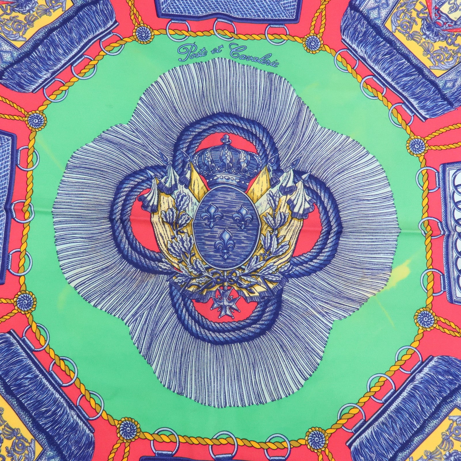 HERMES Carre 90 Silk 100% Scarf Poste et Cavalerie Green Red Blue