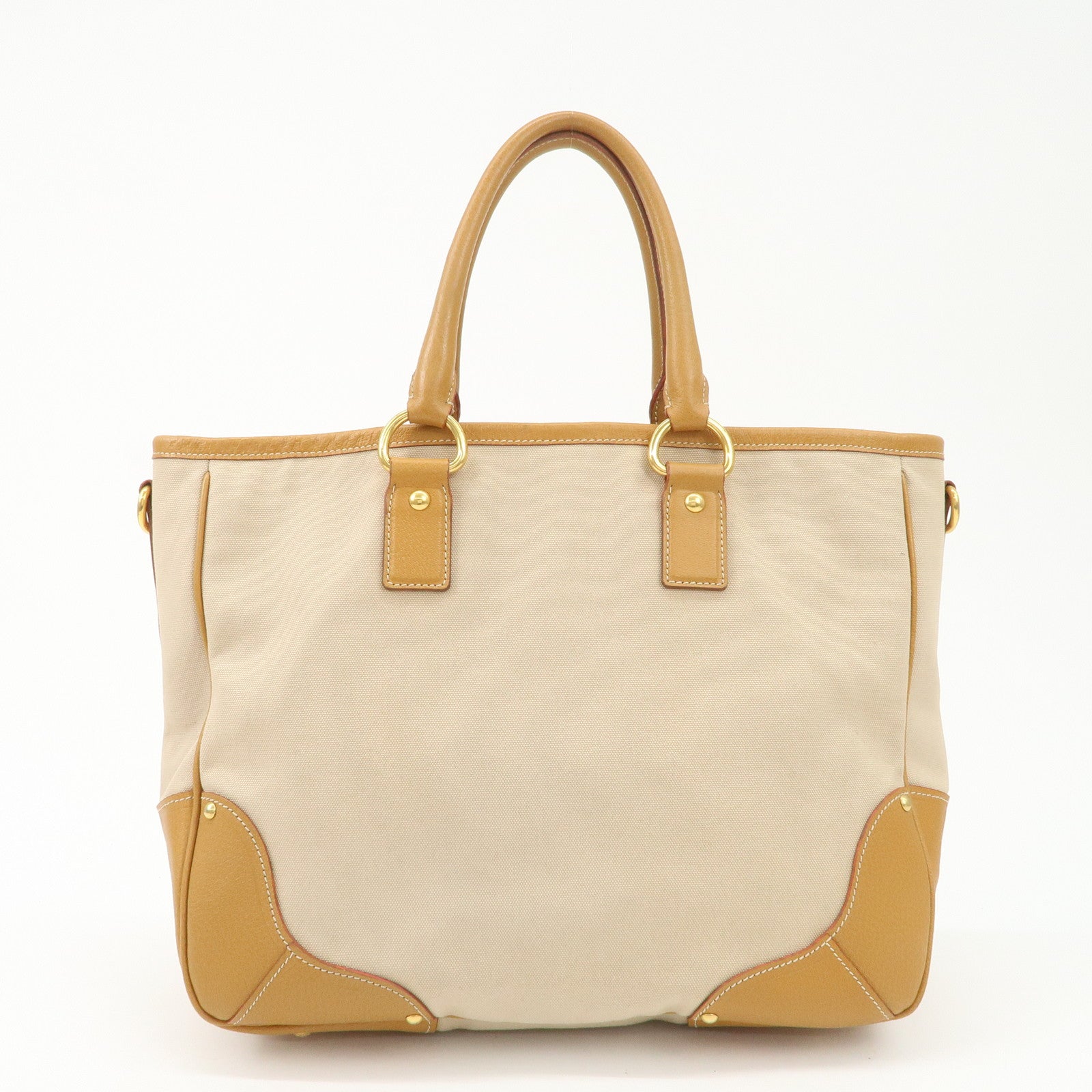 PRADA Triangle Logo Leather Canvas 2 Way Tote Bag Beige Brown