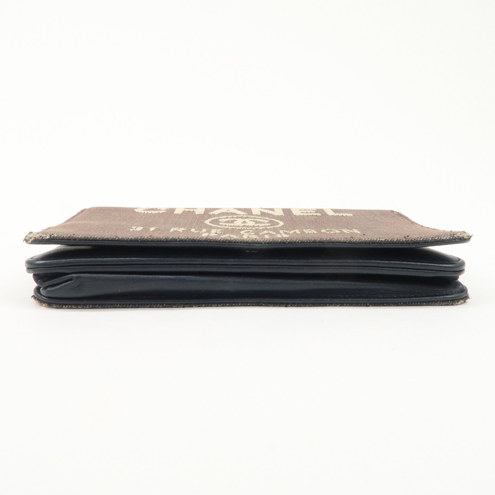 CHANEL Deauville Denim Chain Wallet Navy Brown Silver HDW A80795 Used