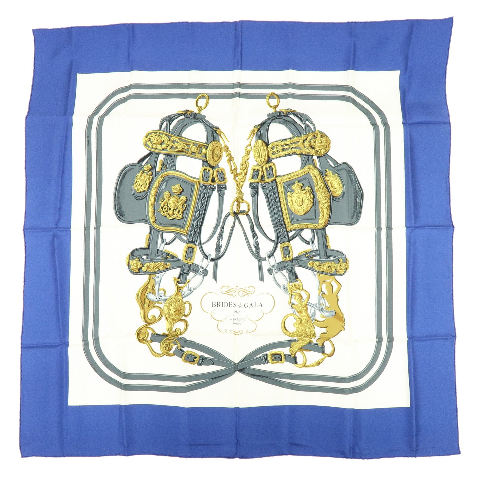 HERMES Carre 90 Silk 100% Scarf BRIDES DE GALA Navy Gray Gold