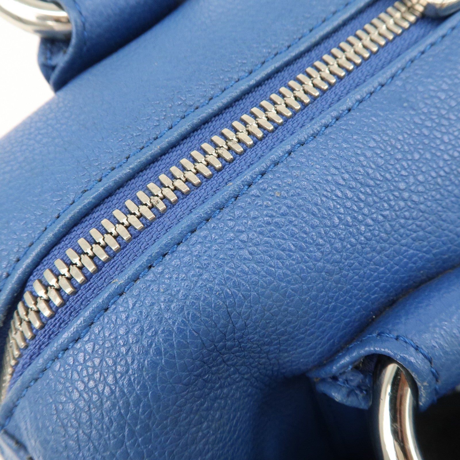MCM Logo Leather Hand Bag Silver Studs Blue