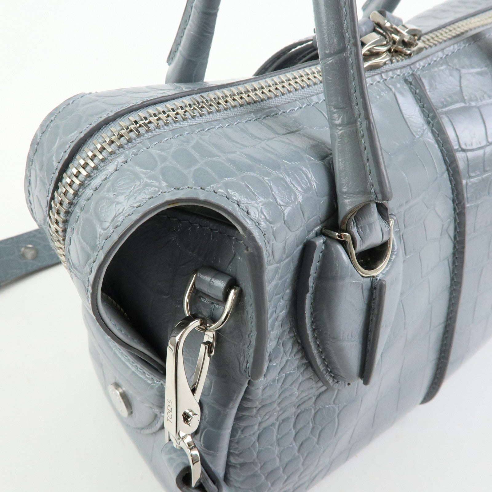 TOD'S D Styling Embossed Leather 2Way Hand Shoulder Bag Light Gray