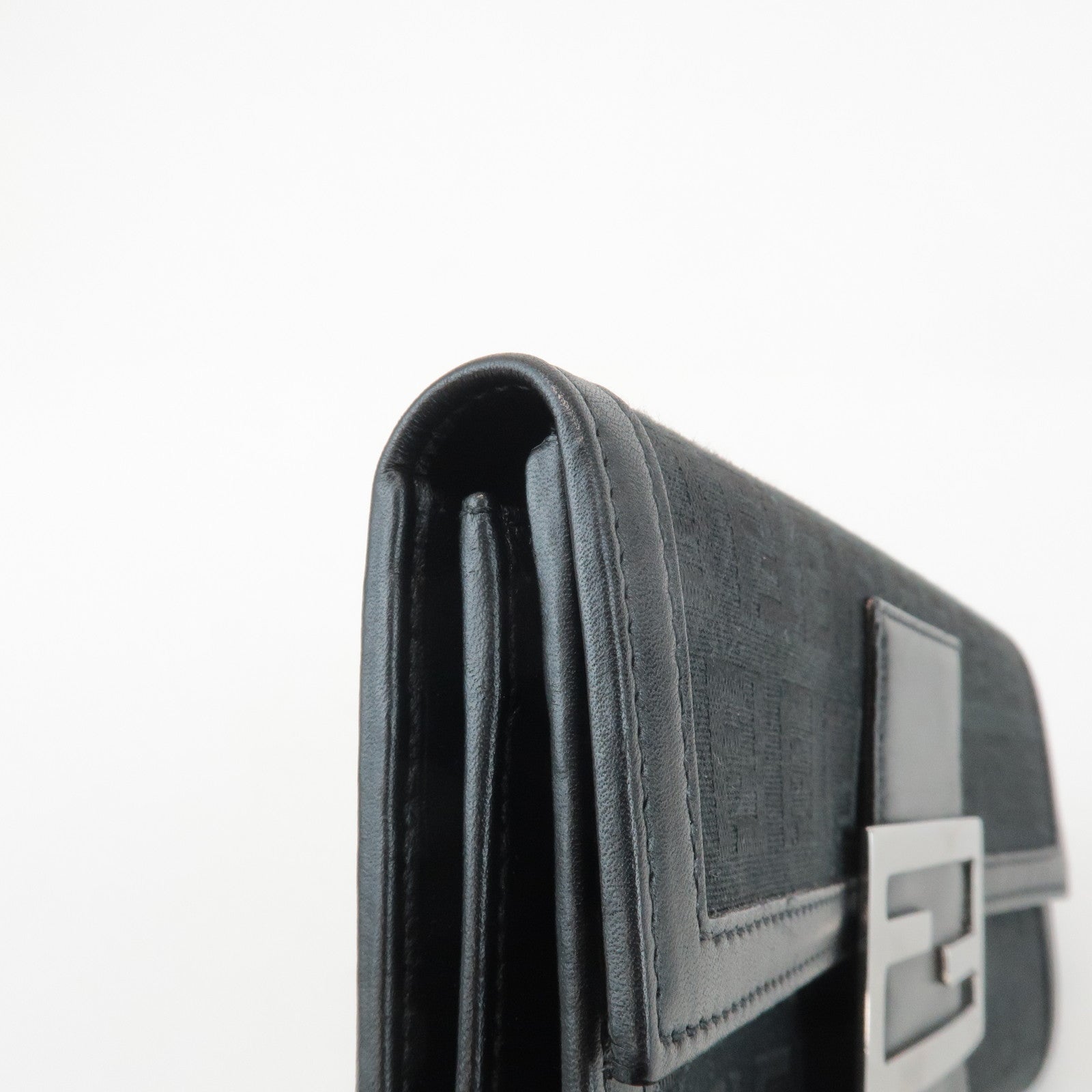 FENDI Zucchino Leather Canvas Bi-fold Long Wallet Black M0021 Used