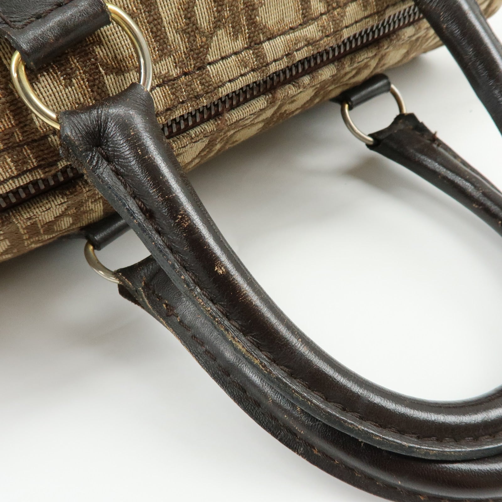 Christian Dior Trotter Jacquard Canvas Leather Boston Bag Brown