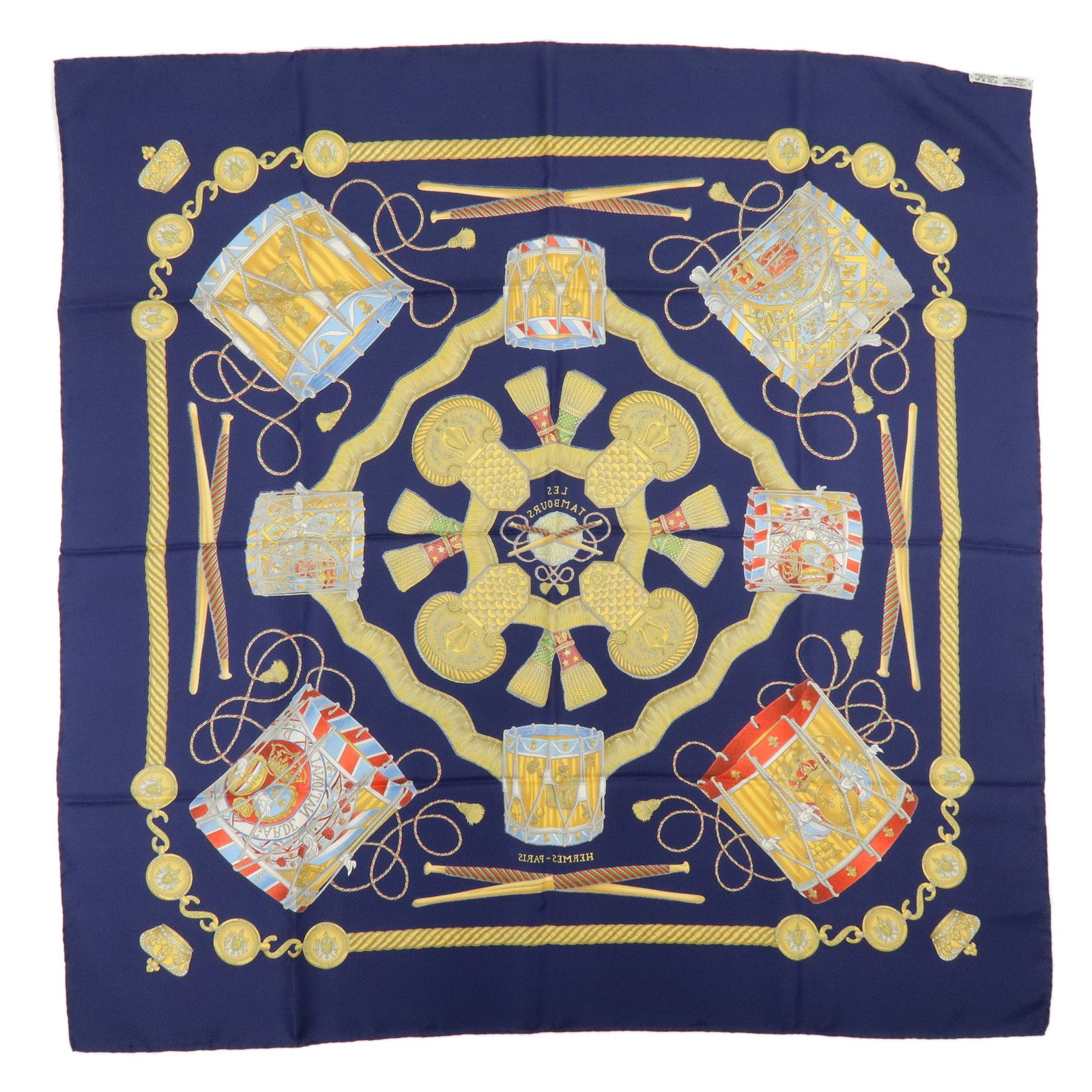 HERMES Carre 90 Silk 100% Scarf LES TAMBOURS Navy Gold