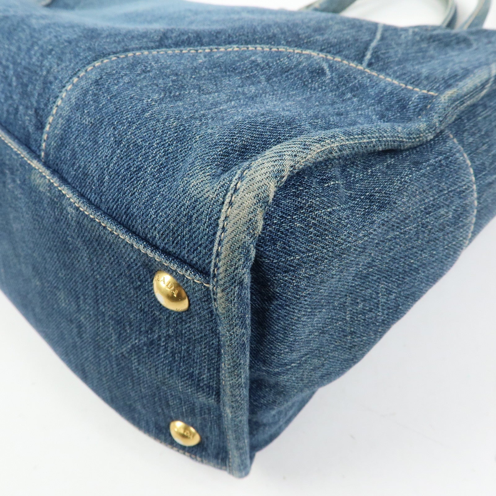 PRADA Triangle Logo Denim Tote Bag Hand Bag Blue BN2254