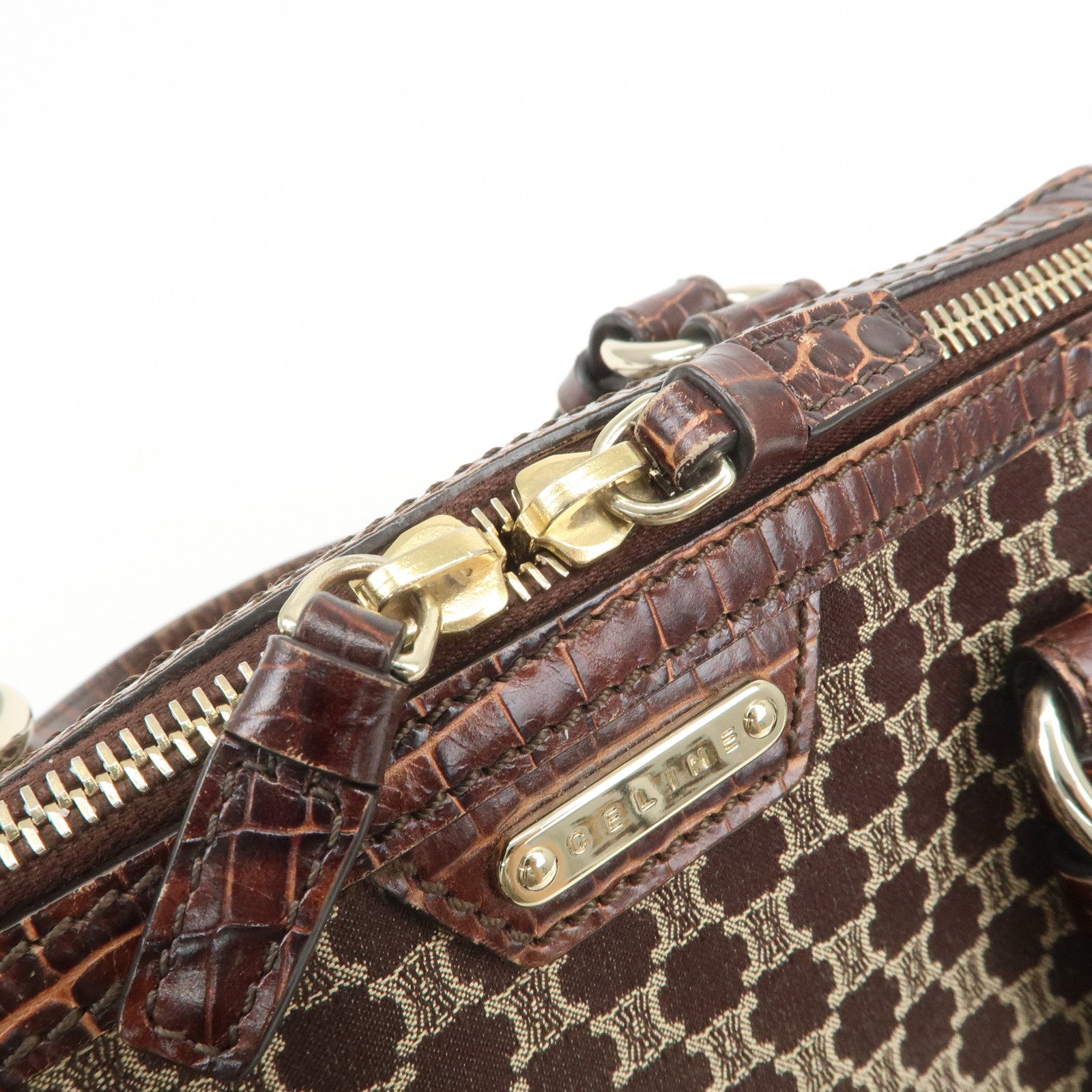 CELINE Macadam Canvas Embossed Leather Hand Bag Shoulder Bag Brown