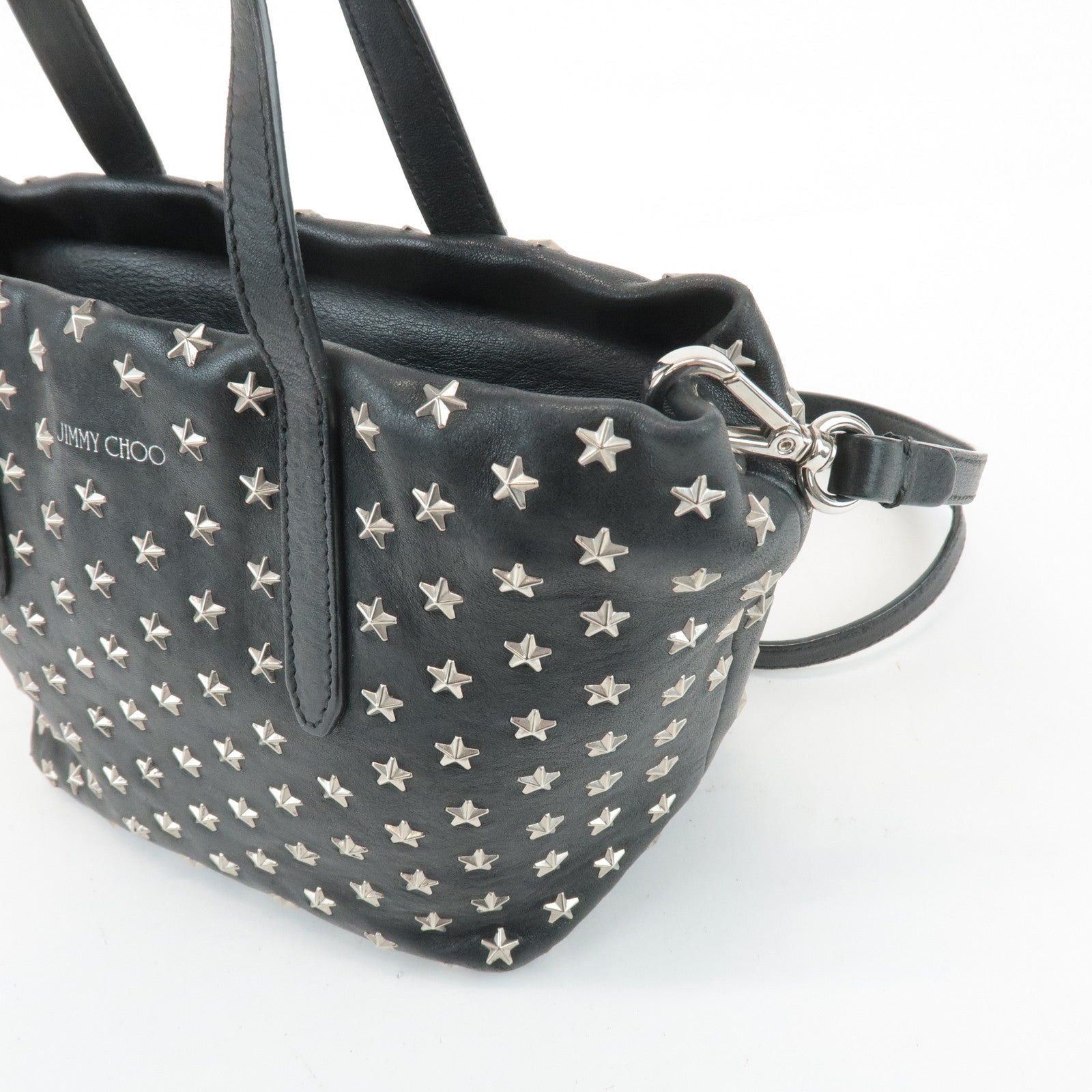 JIMMY CHOO Leather Star Studs Tote Bag Hand Bag Black Silver HDW Used
