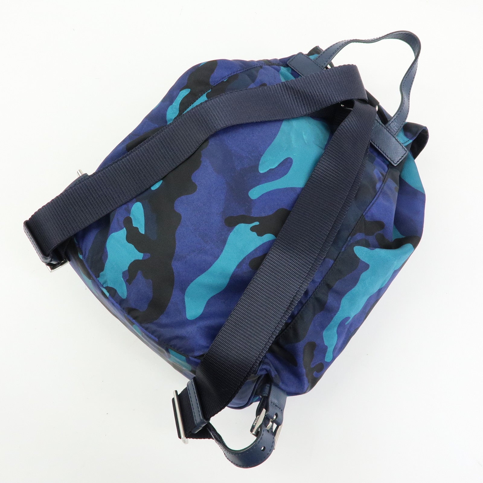 PRADA Triangle Logo Nylon Leather Backpack Camouflage Motif Blue