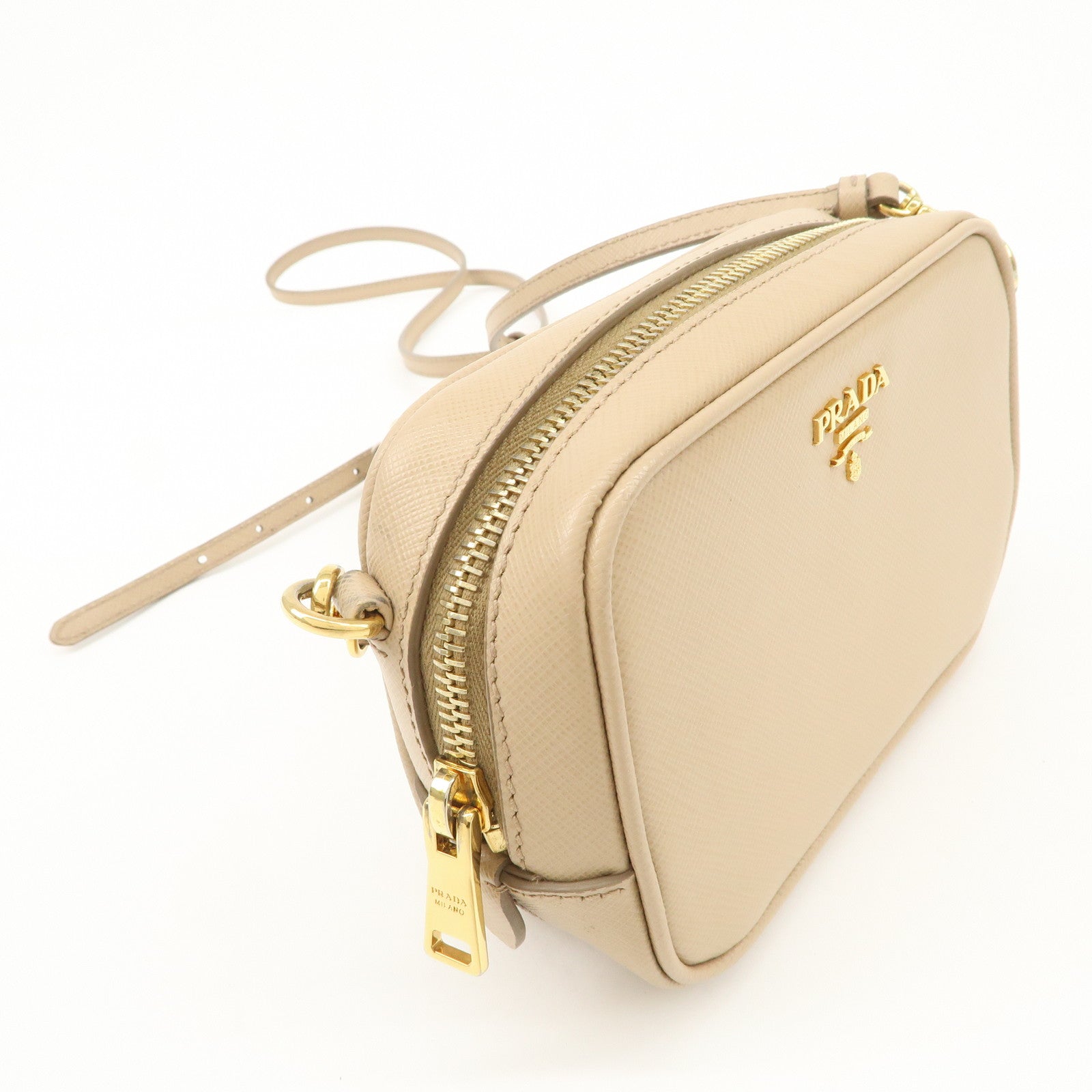 PRADA Logo Saffiano Leather Shoulder Bag Crossbody Bag Beige 1NF674 Used