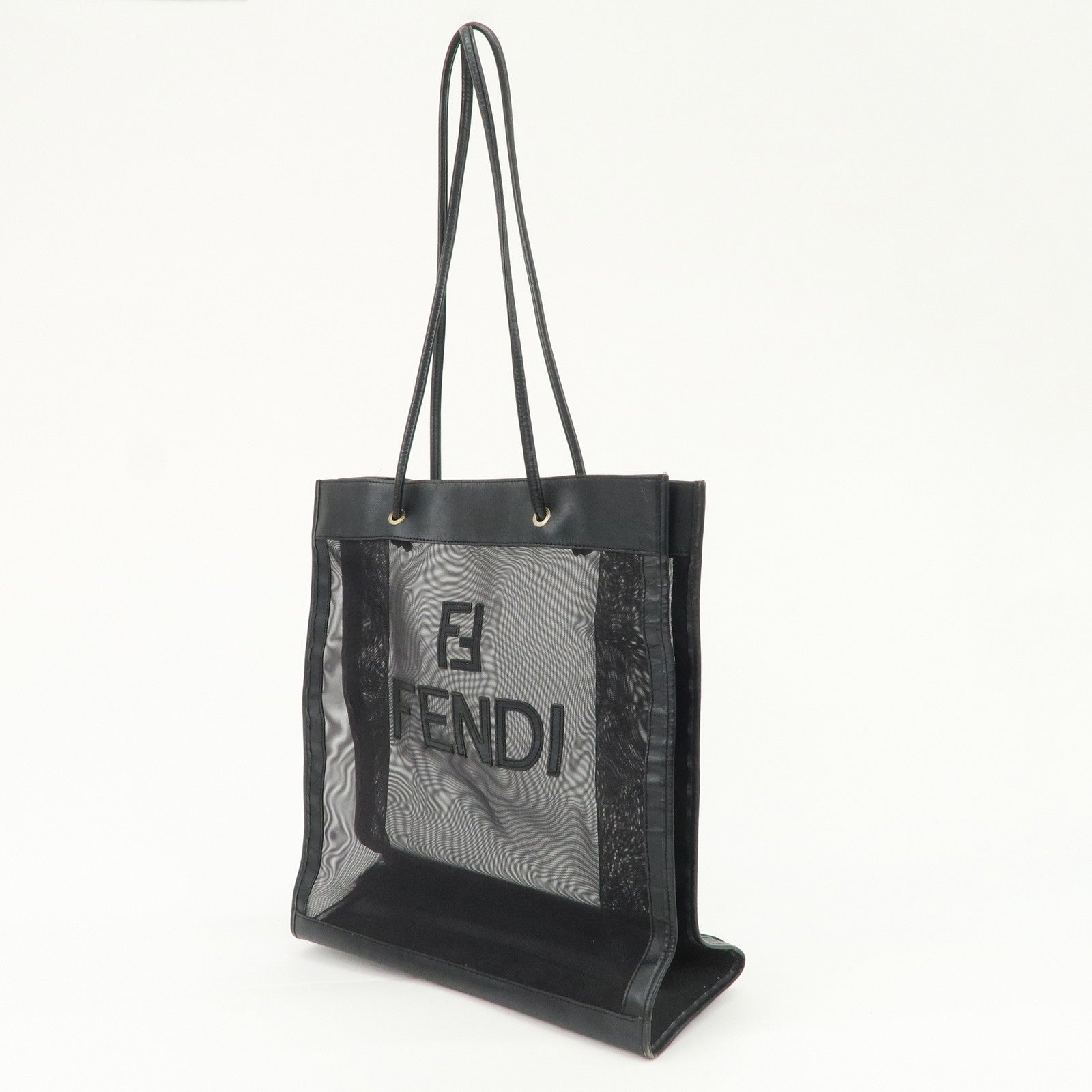 FENDI Mesh Leather Tote Bag Shoulder Bag Black Gold Hardware 259647