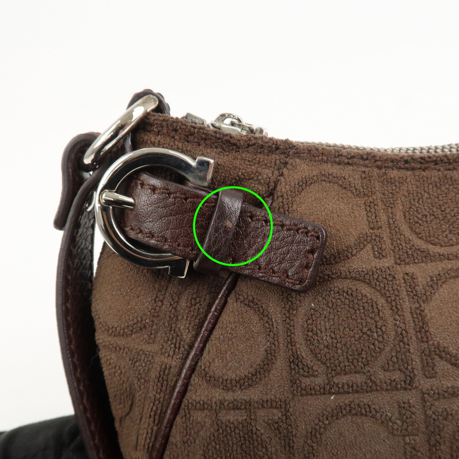 Ferragamo Gancini Leather Cotton Accessory Pouch Hand Bag Brown