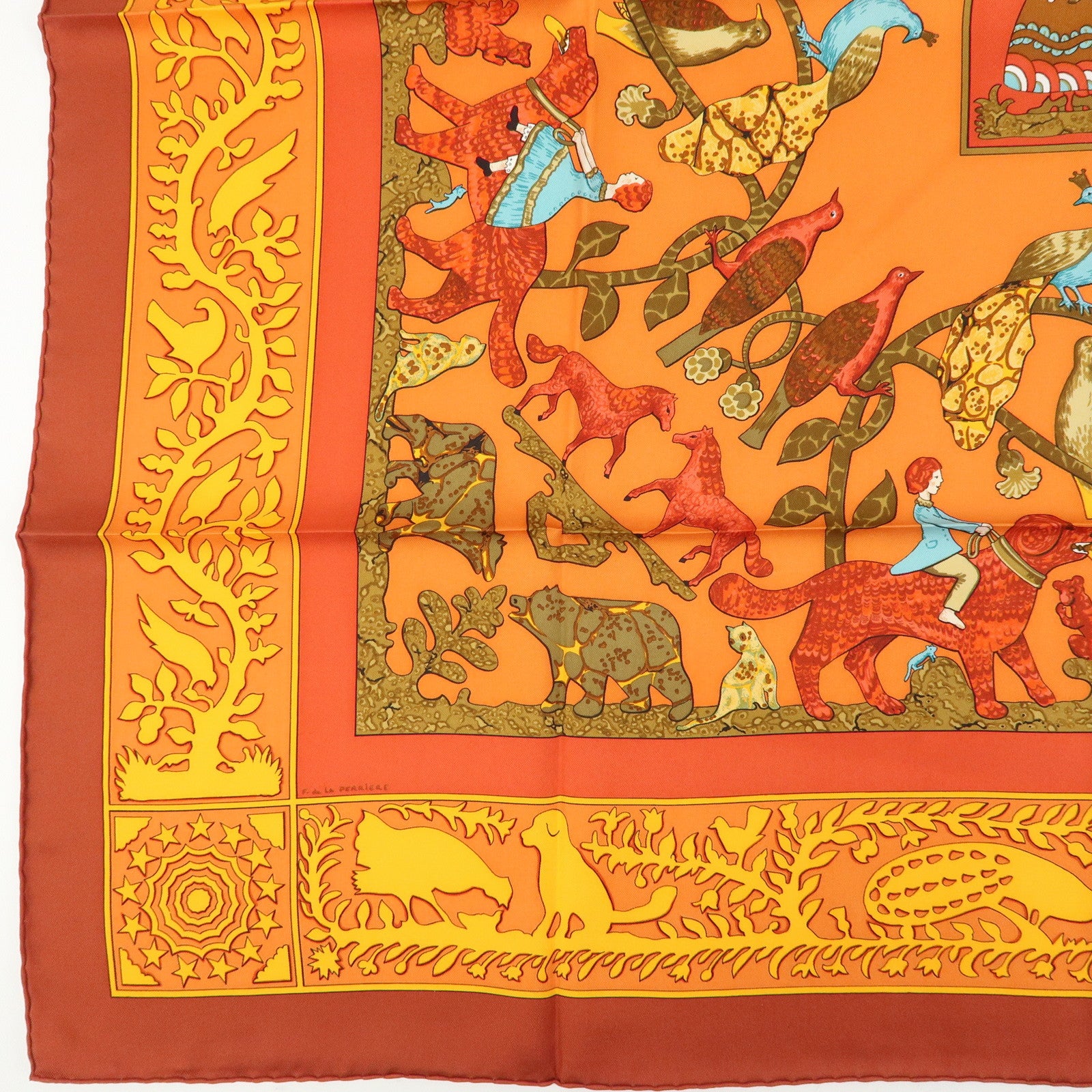 HERMES Carre 90 Silk 100% Scarf EARLY AMERICA Orange Brown