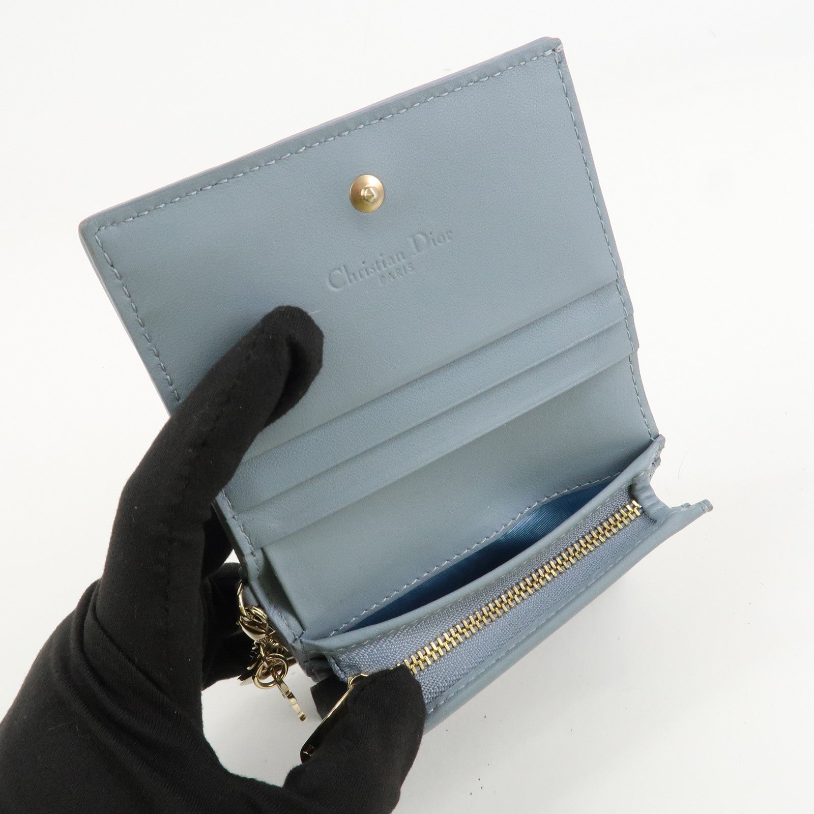 Christian Dior Cannage Leather Gardenia Wallet Gold Charm Blue Used