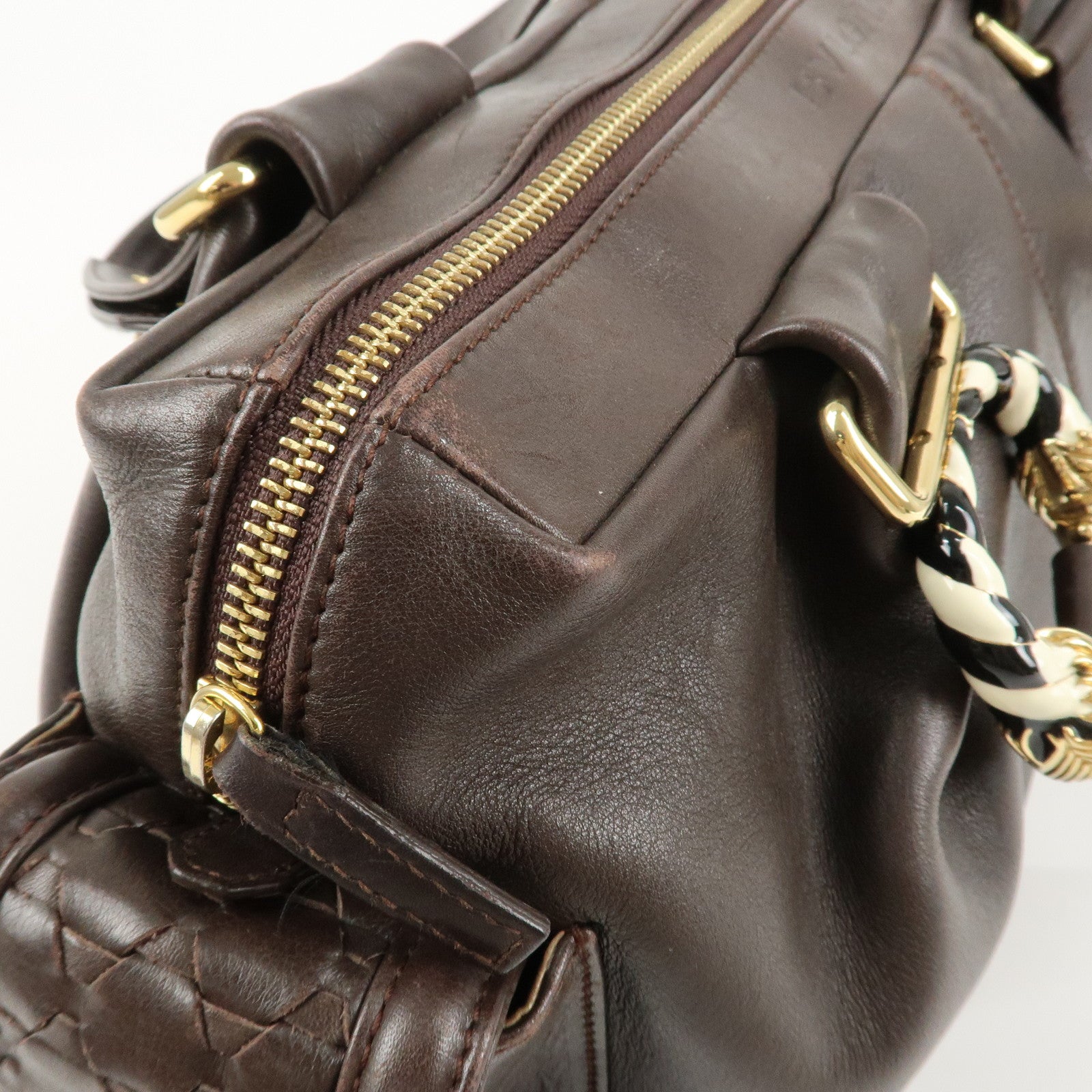 BVLGARI Leoni Leather Hand Bag Boston Bag Brown Gold Hardware Used