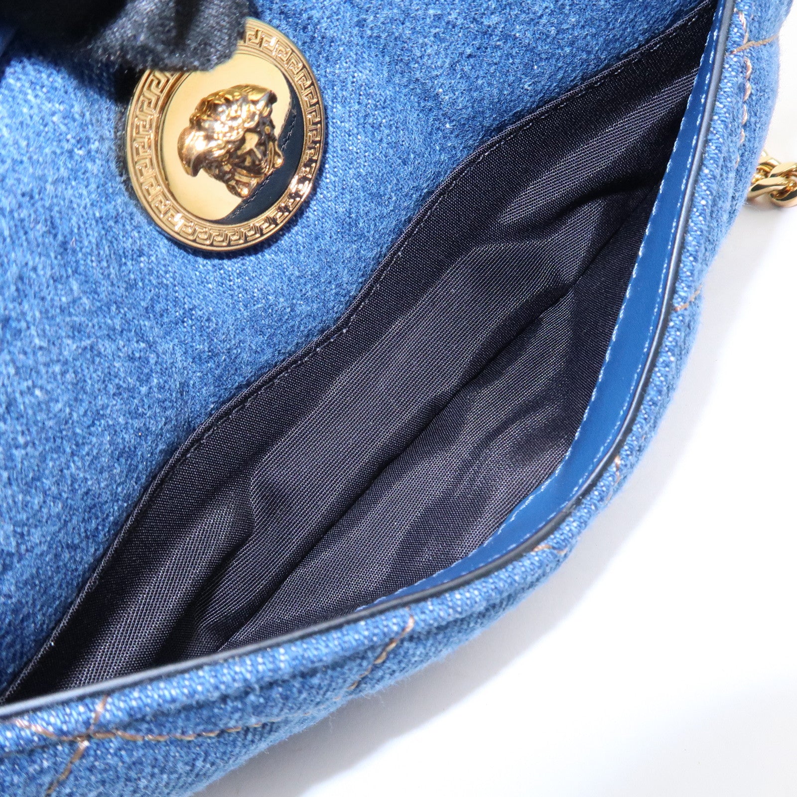 GIANNI VERSACE Denim Leather Chain Shoulder Bag Blue