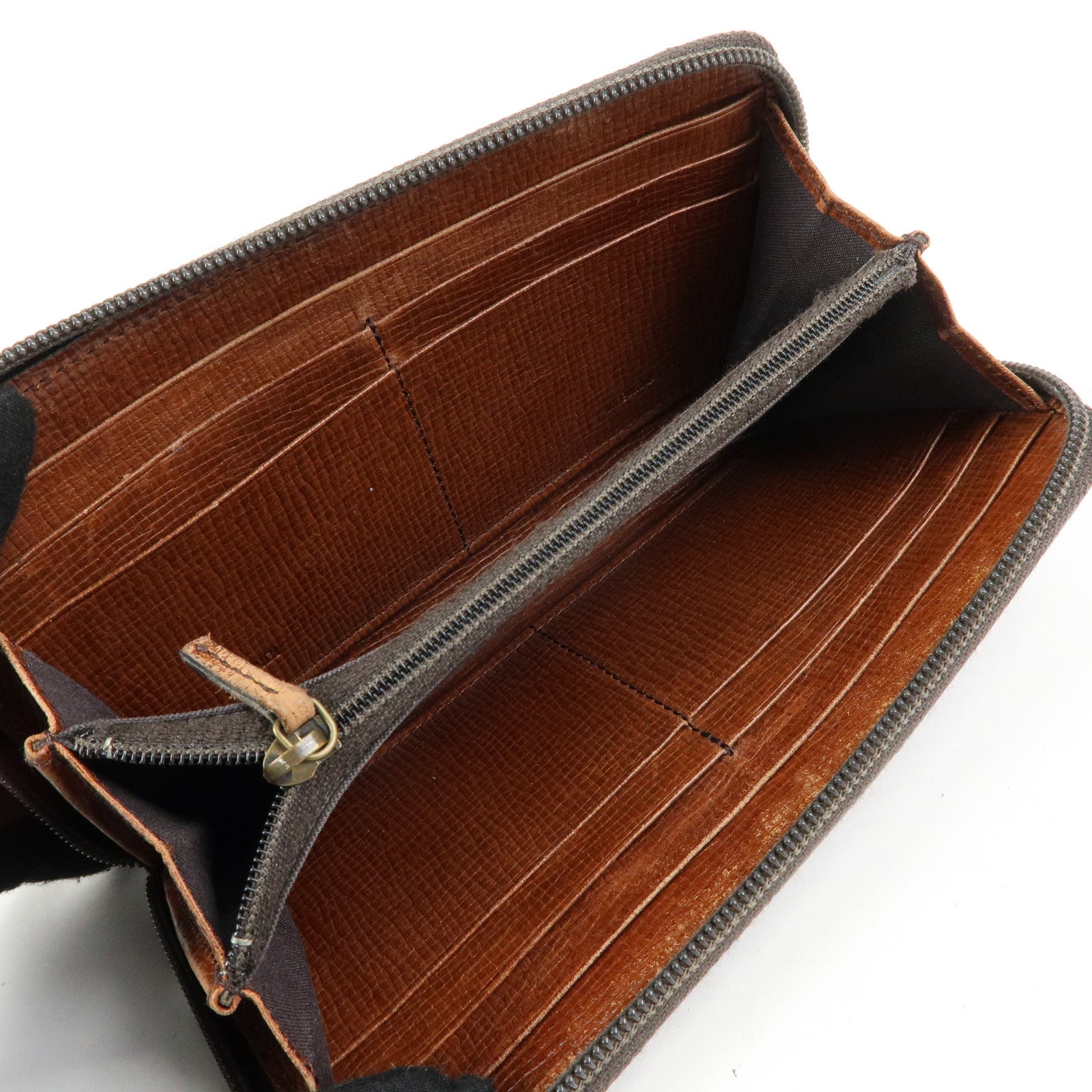 FENDI Zucchino Canvas Leather Round Zippy Long Wallet Brown 8M0024