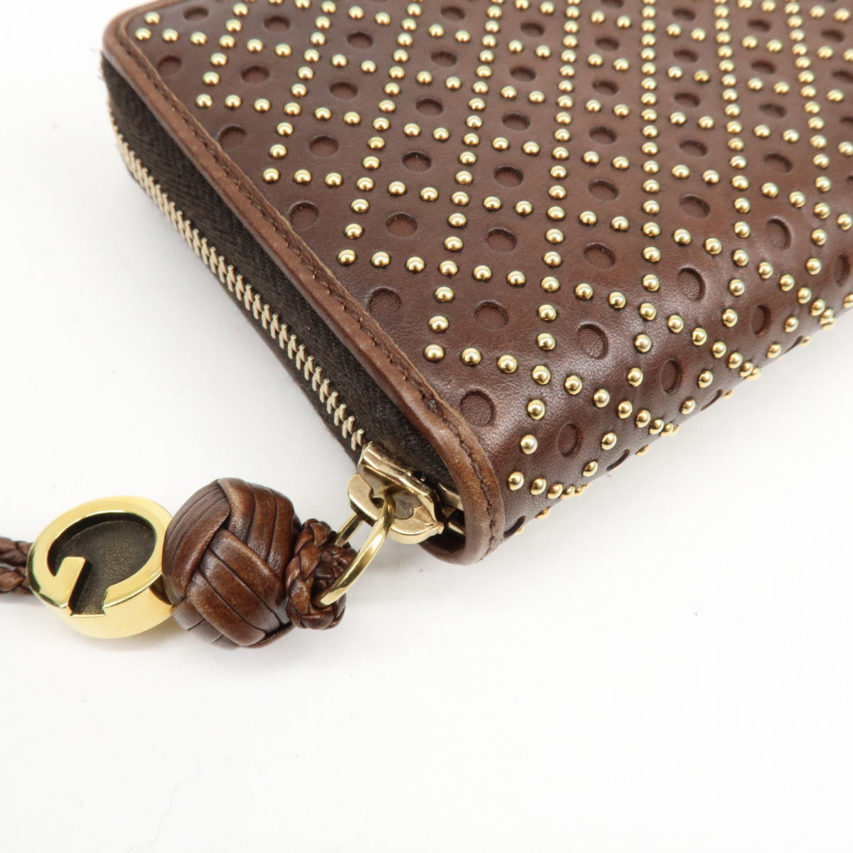 GUCCI Leather Round Zippy Long Wallet Studs Brown Gold 264733