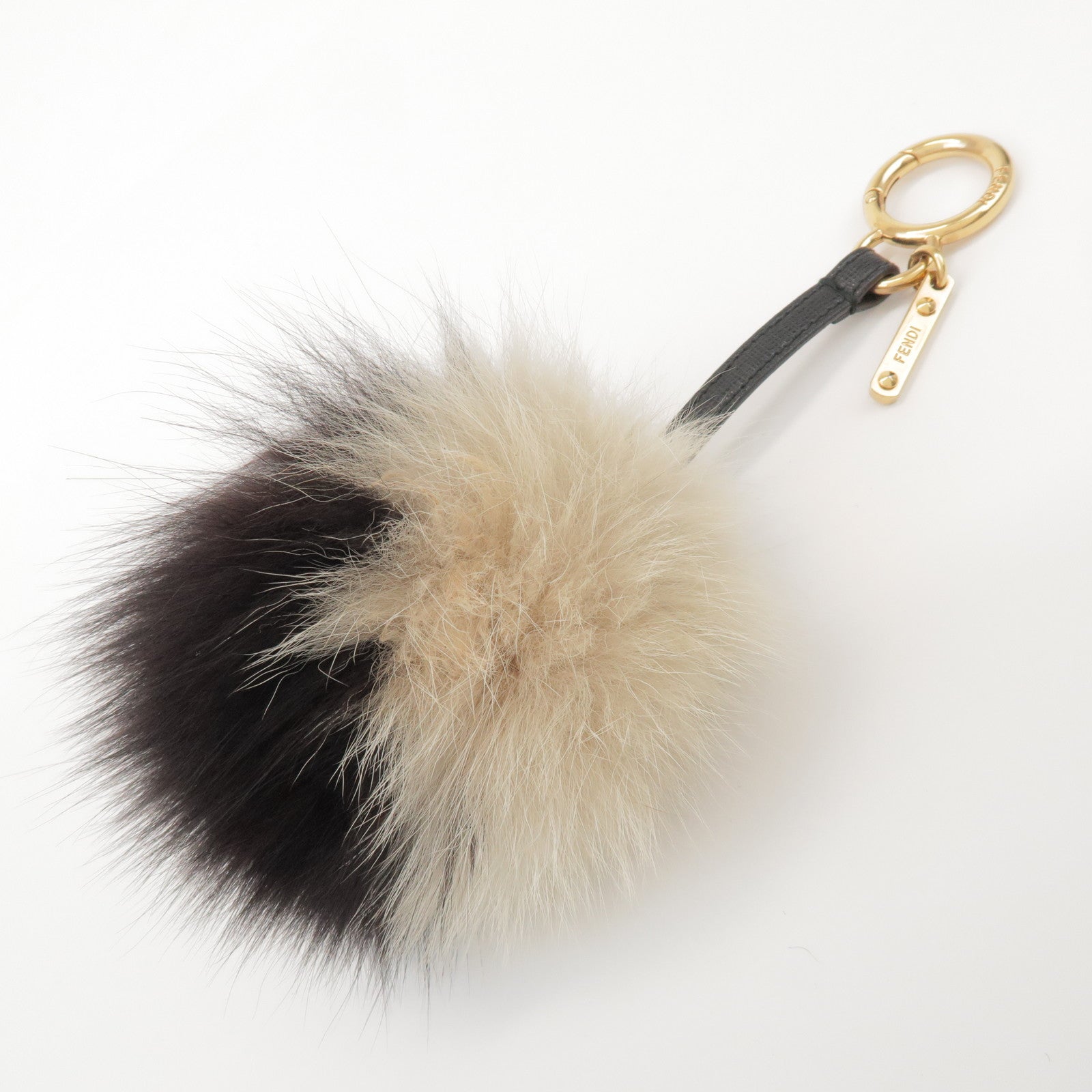 FENDI Fur Leather Bag Charm Key Chain Black White