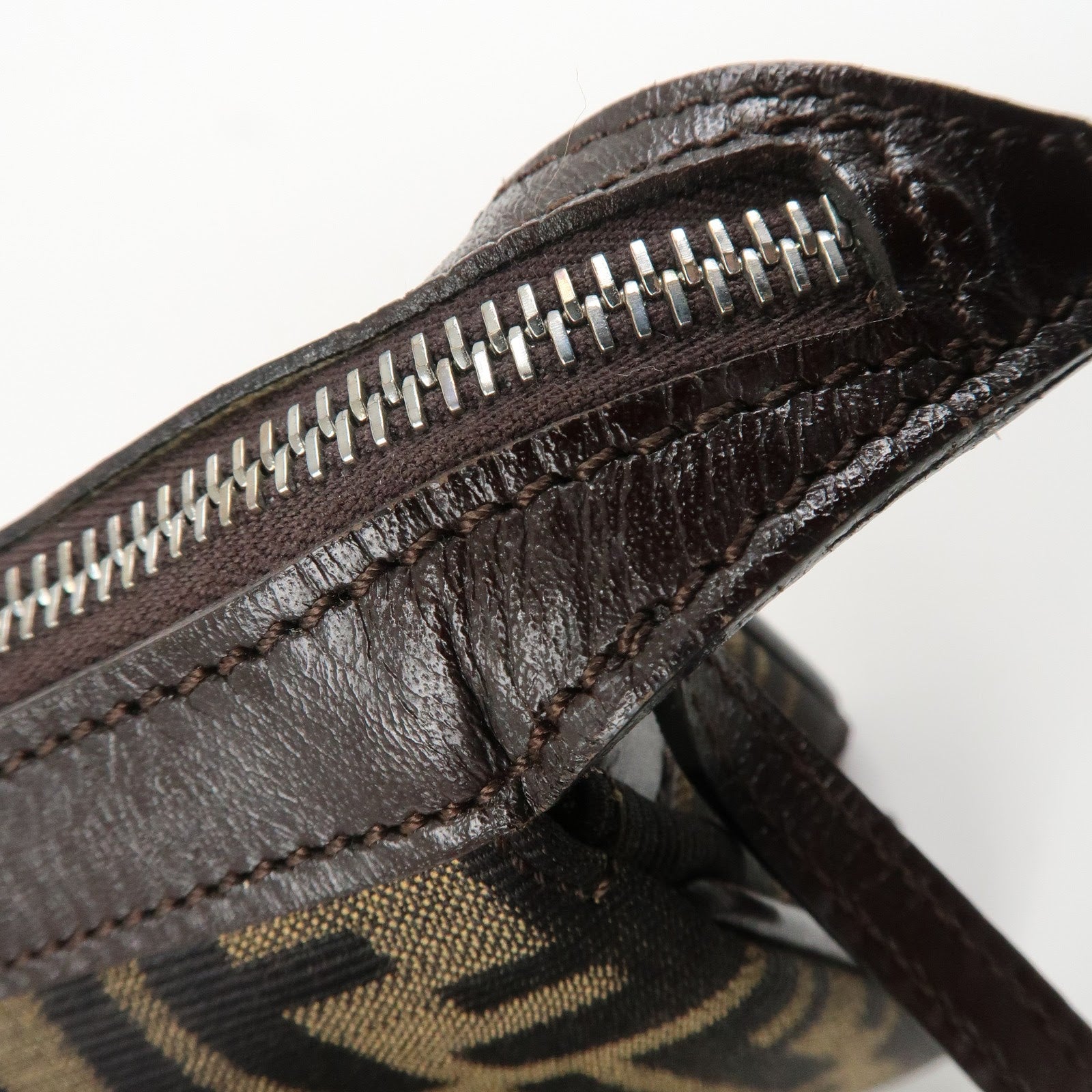 FENDI Zucca Canvas Leather Shoulder Bag Black Brown Silver HDW Used