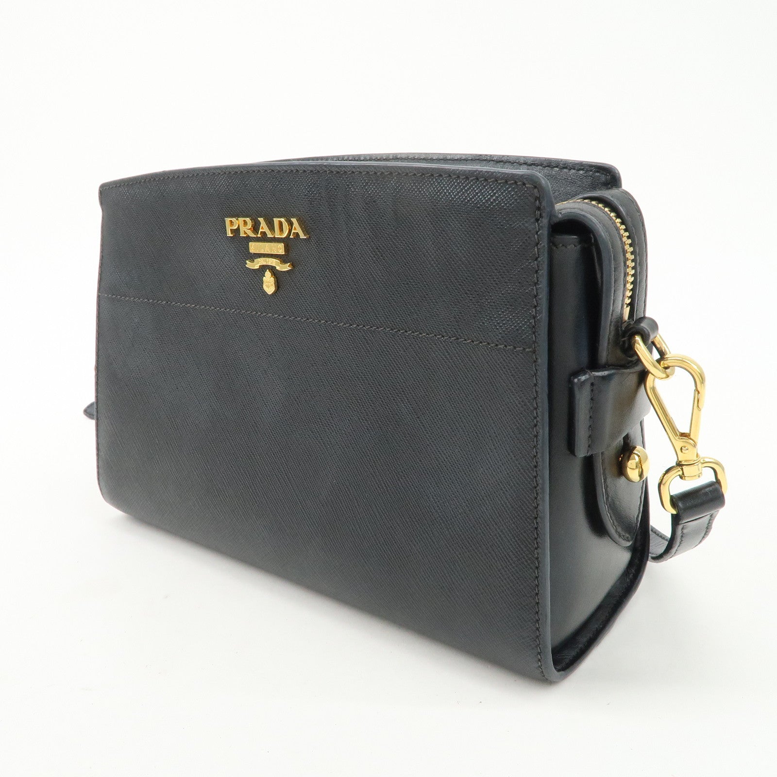 PRADA Logo Saffiano Leather Shoulder Bag Gold HDW Black