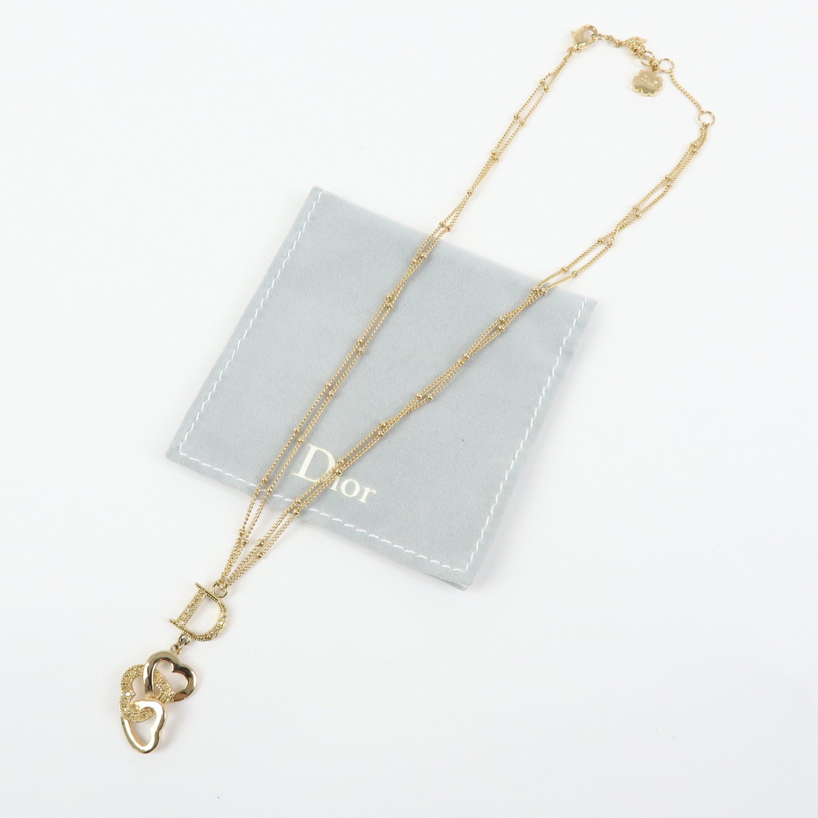 Christian Dior Logo Metal Double Chain Necklace Heart Charm Gold