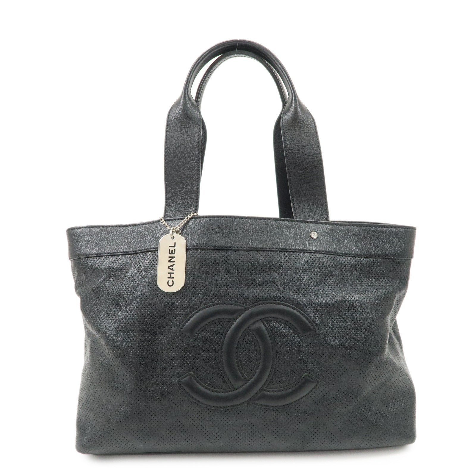 CHANEL COCO Mark Calf Leather Punching Tote Bag Black A33936 Used