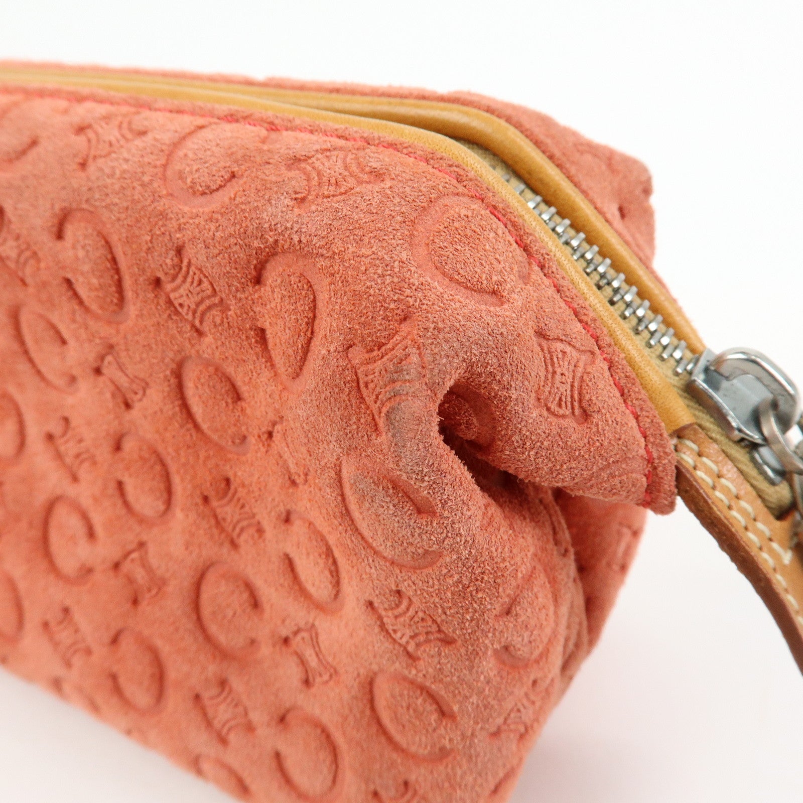 CELINE C Macadam Suede Leather Pouch Cosmetic Case Coral