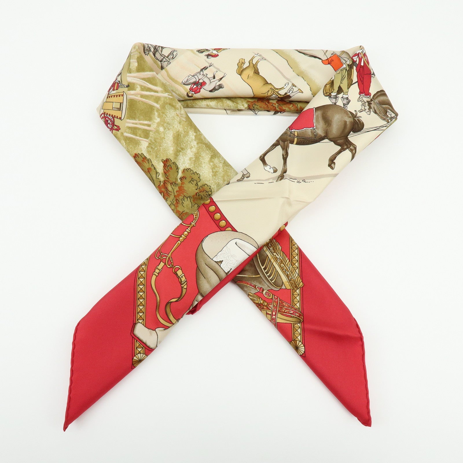 HERMES Carre 90 Silk 100% Scarf PRESENTATION DE CHEVAVX Beige Red