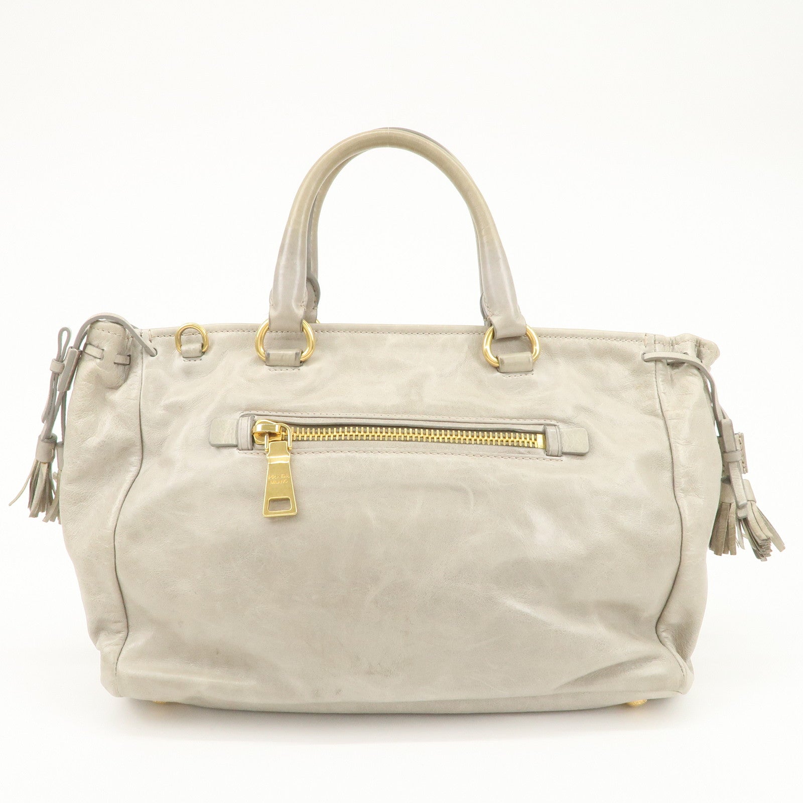 PRADA Triangle Logo VITELLOSHINE Leather 2Way Bag Hand Bag Gray BN1921 Used