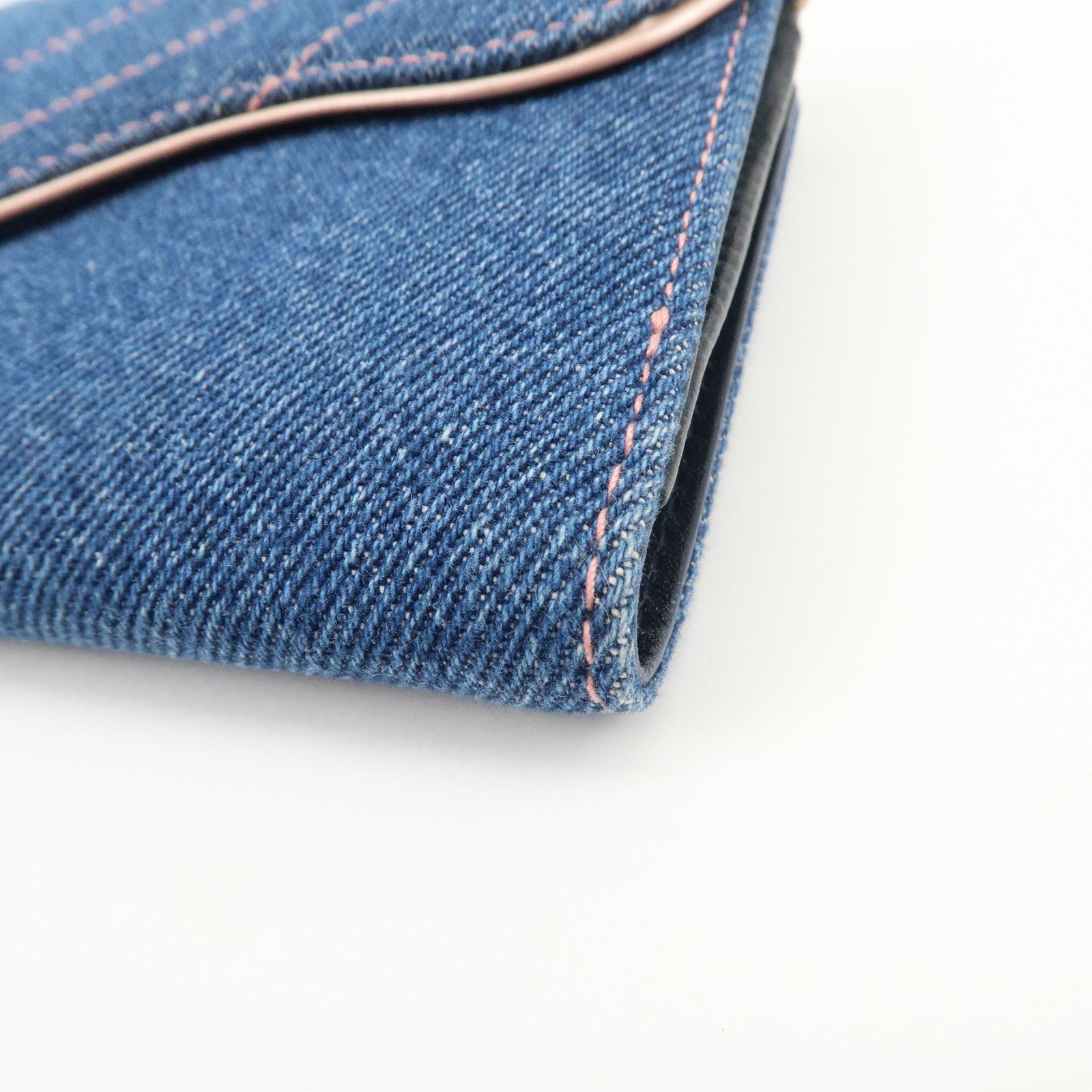 Christian Dior Saddle Lotus Wallet Denim Blue Pink Silver GDW Used