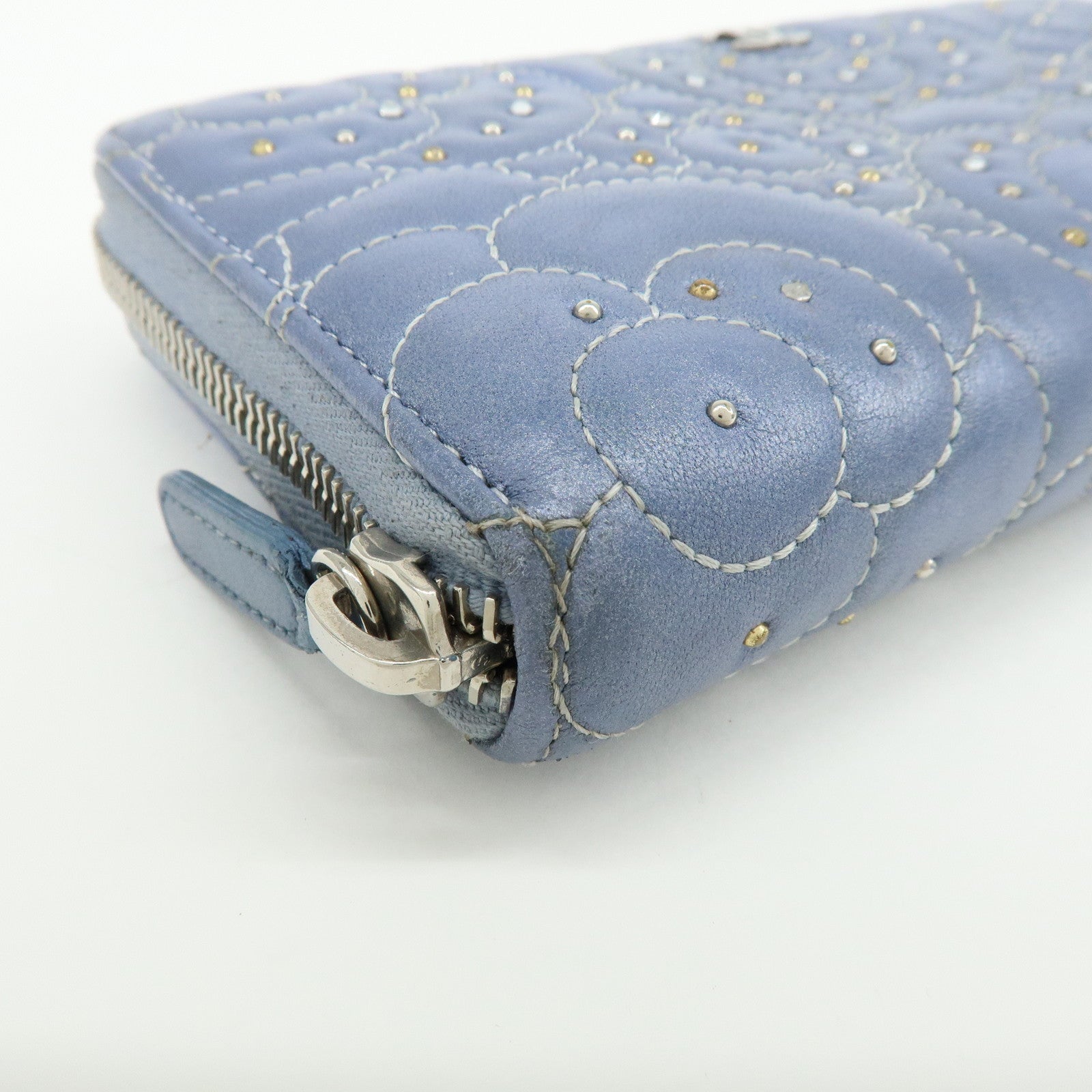 CHANEL Camellia Lamb Skin Round Zippy Wallet Light Blue A82281