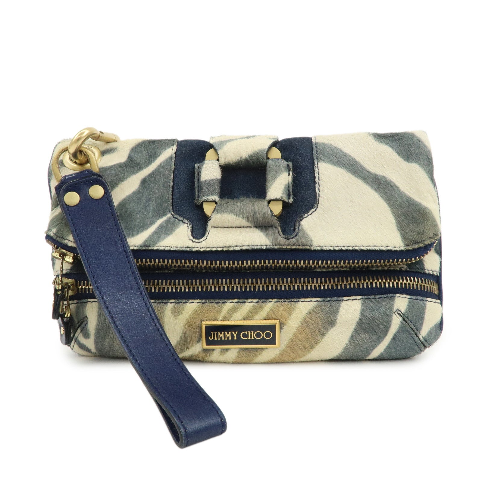 JIMMY CHOO Unborn Calf Clutch Bag Wristlet Pouch Zebra Navy